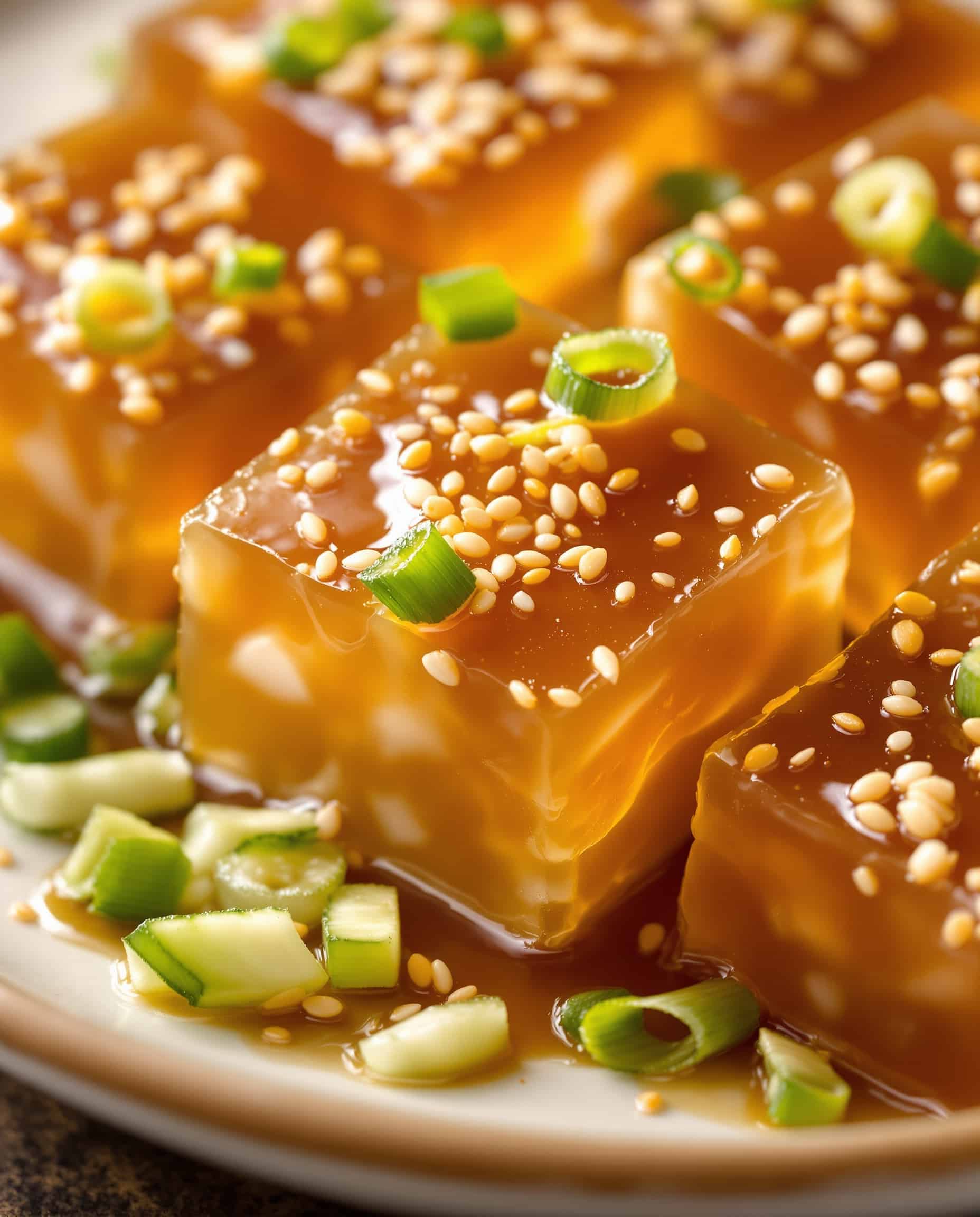 Close-up of brun-transparent acorn jelly Korean weight loss recipe with sesame dressing.