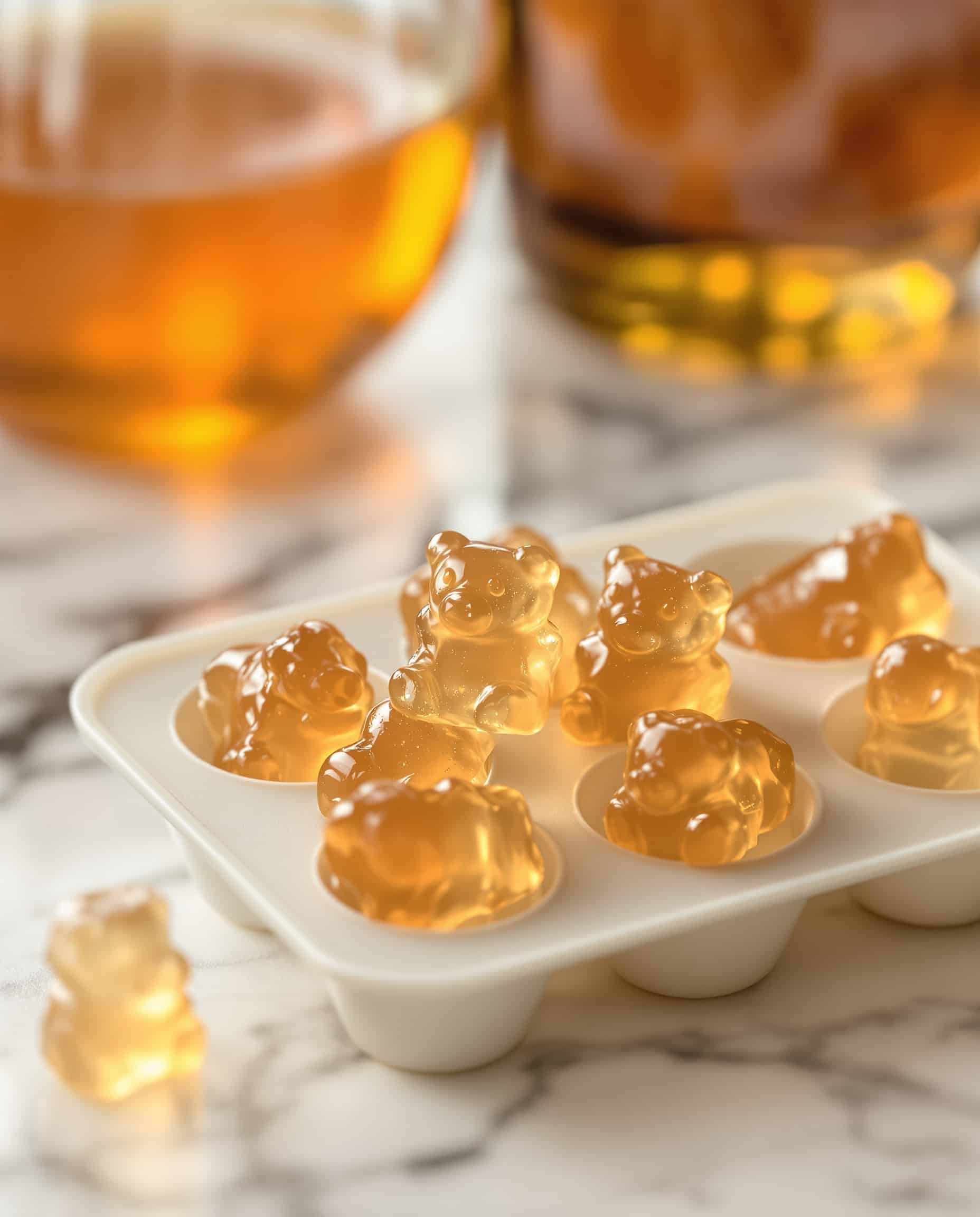 Close-up of jiggly doré-ambre ACV gelatin gummies for weight loss.