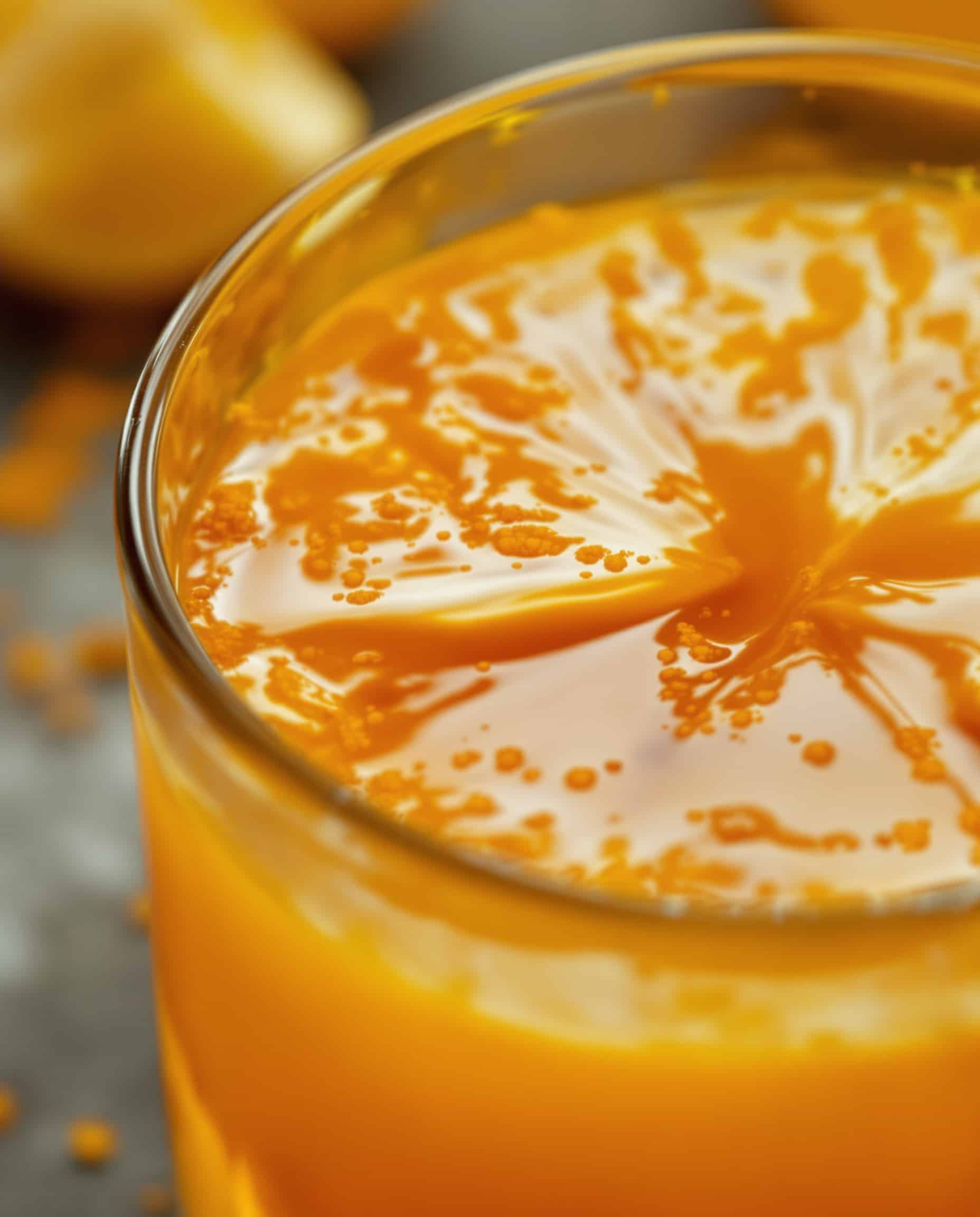 Close-up of vibrant orange-ambre ACV turmeric drink.
