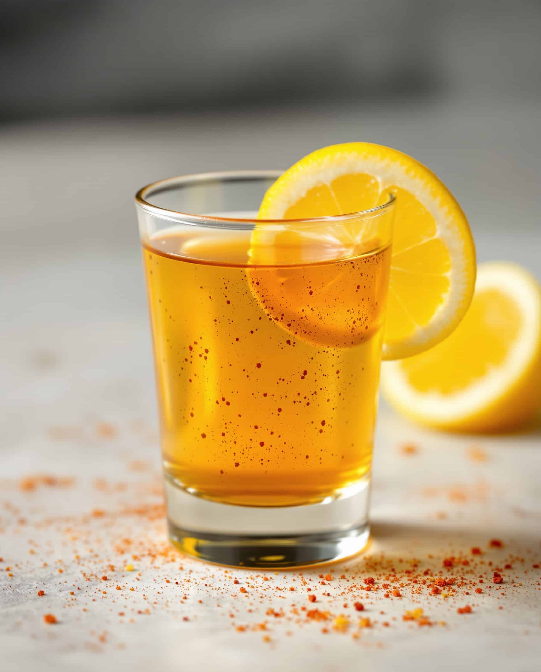 Close-up of ambre-doré ACV weight loss shot with cayenne pepper.