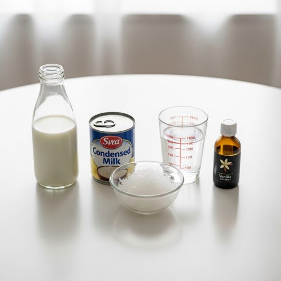 Milk, condensed milk, sugar, water, and vanilla essence arranged on a white surface for making vanilla milk jelly.