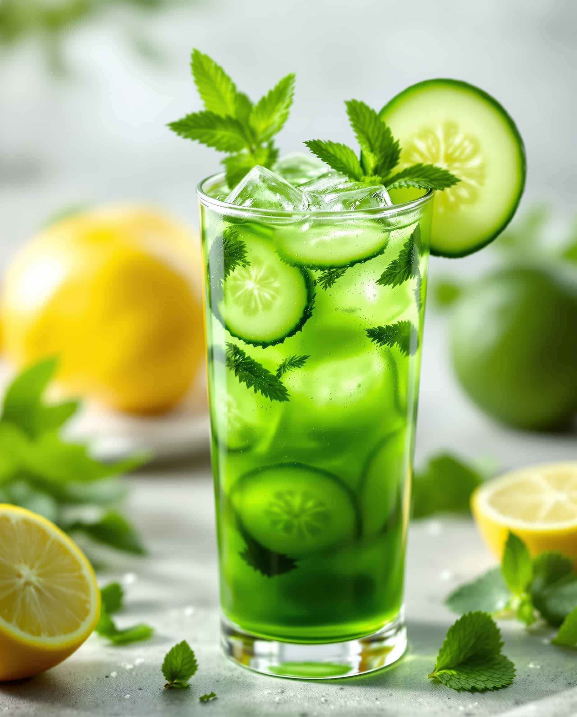 Close-up of refreshing anti-inflammatory juice with mint and cucumber.