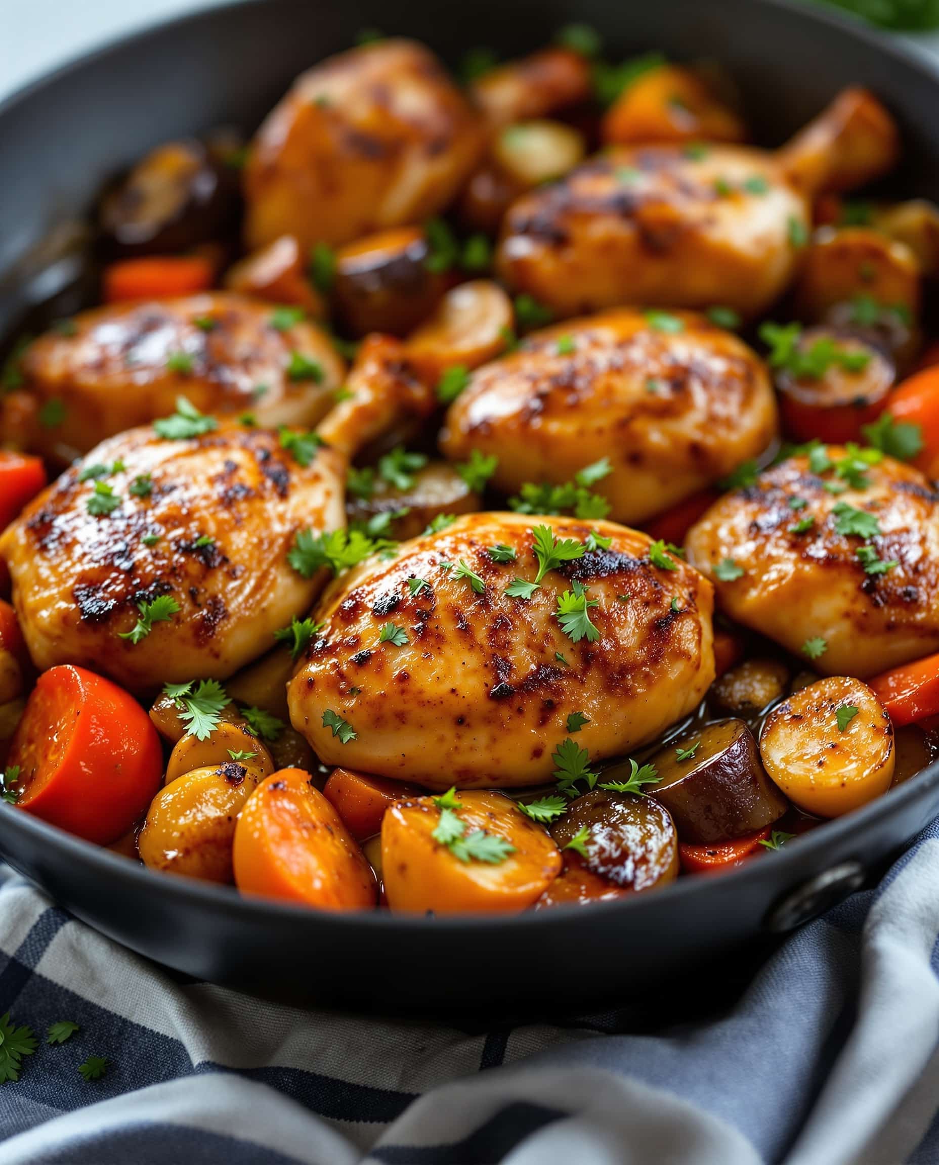 Close-up of brun doré anti-UPF dinner recipe, roasted chicken and vegetables.