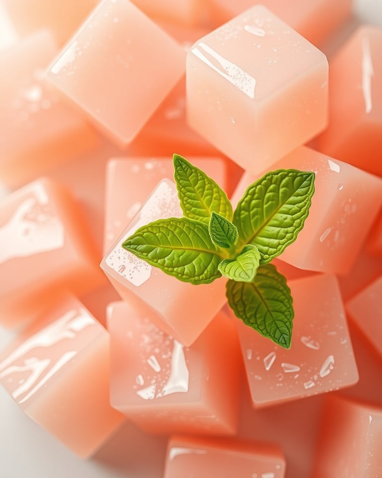 Close-up of pink Apple Cider Vinegar Gummies with mint leaf.