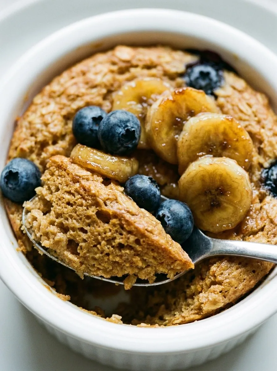 Two ramekins of baked oats topped with blueberries, one with a spoonful removed showing the soft centre