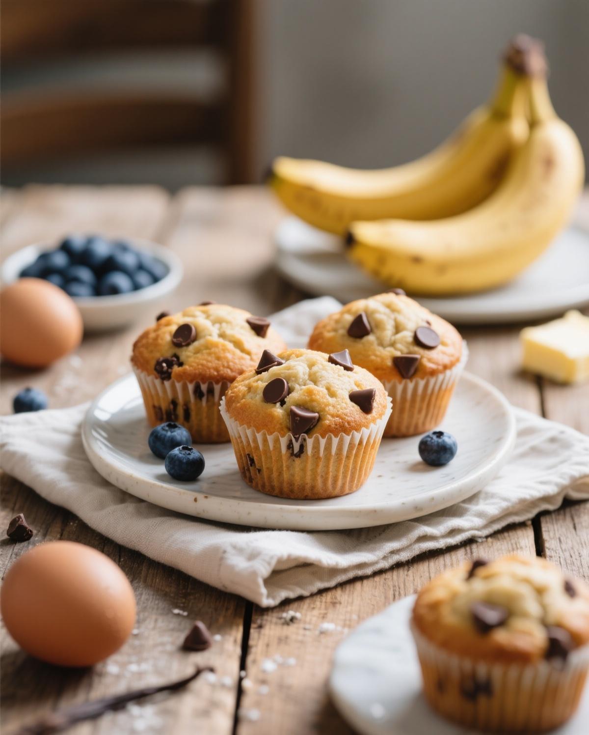 Freshly baked banana chocolate chip muffins on a cooling rack