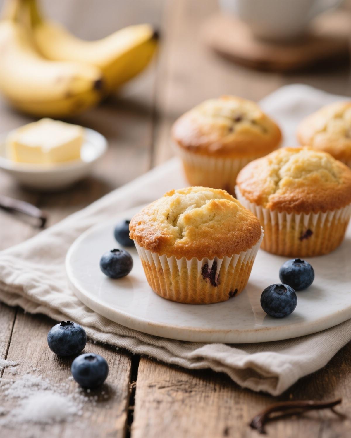 A close-up of a perfect, domed banana muffin with a cracked top