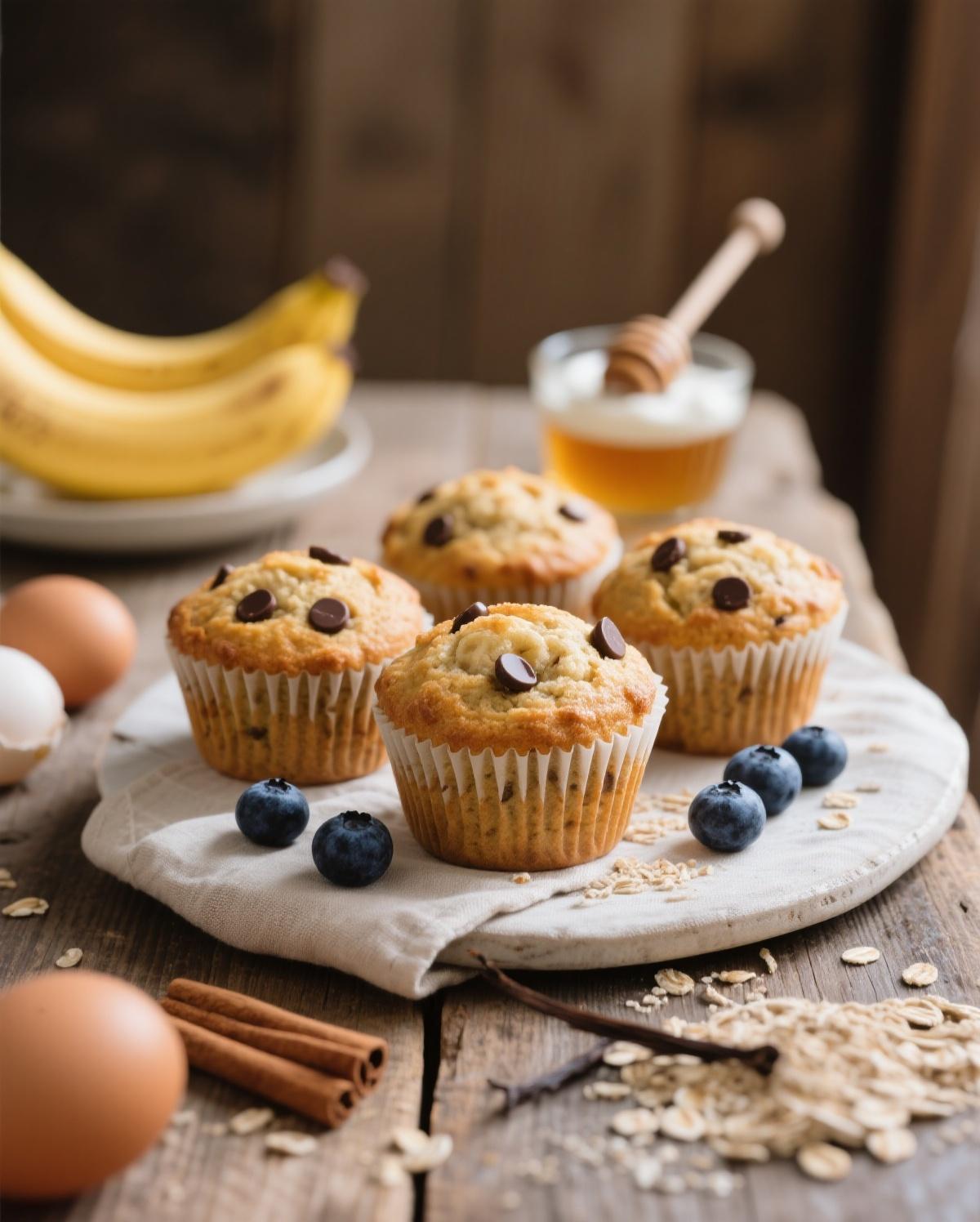 Mixing the dry ingredients for banana protein muffins in a ceramic bowl