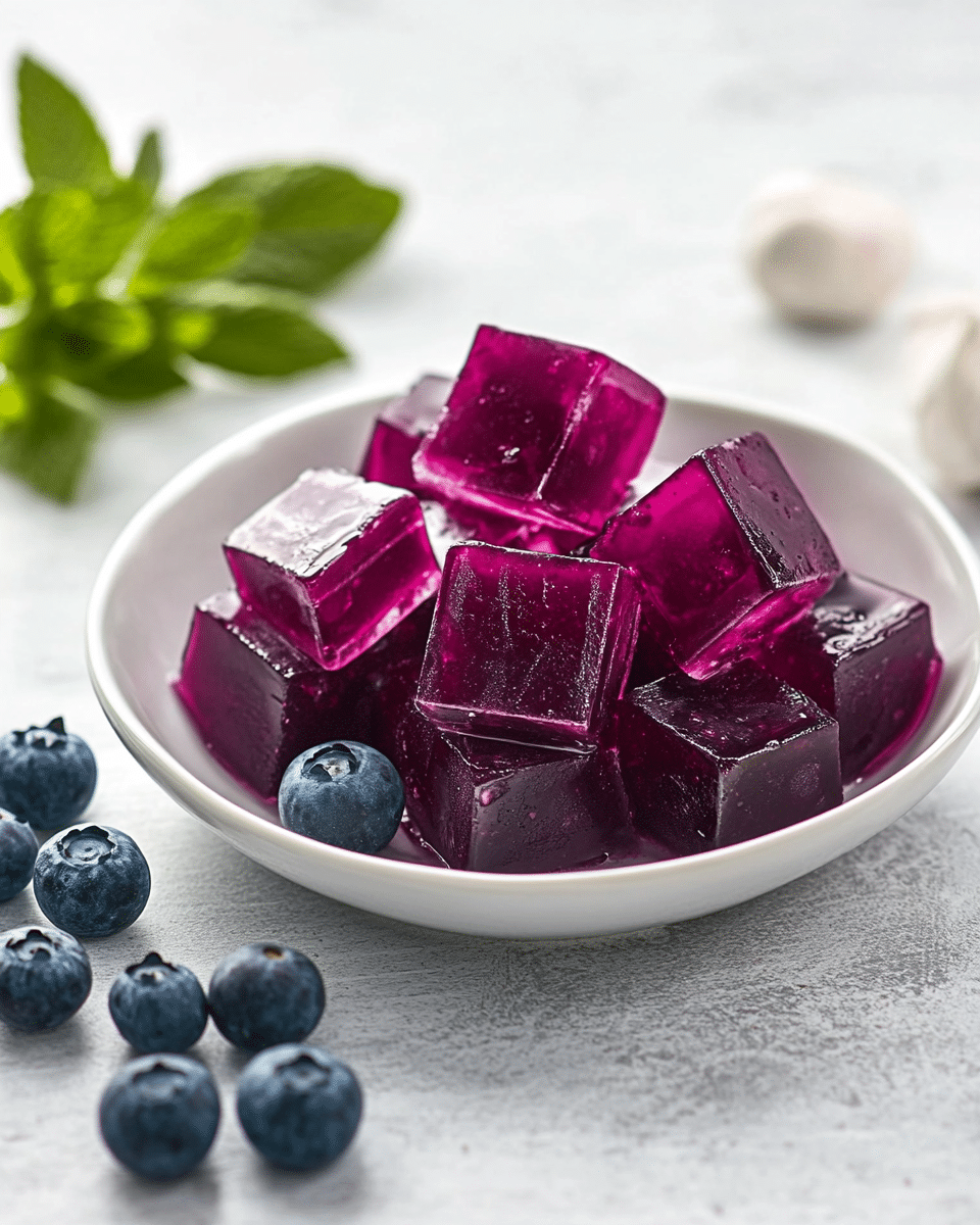 Close up of blueberry rhubarb gelatin