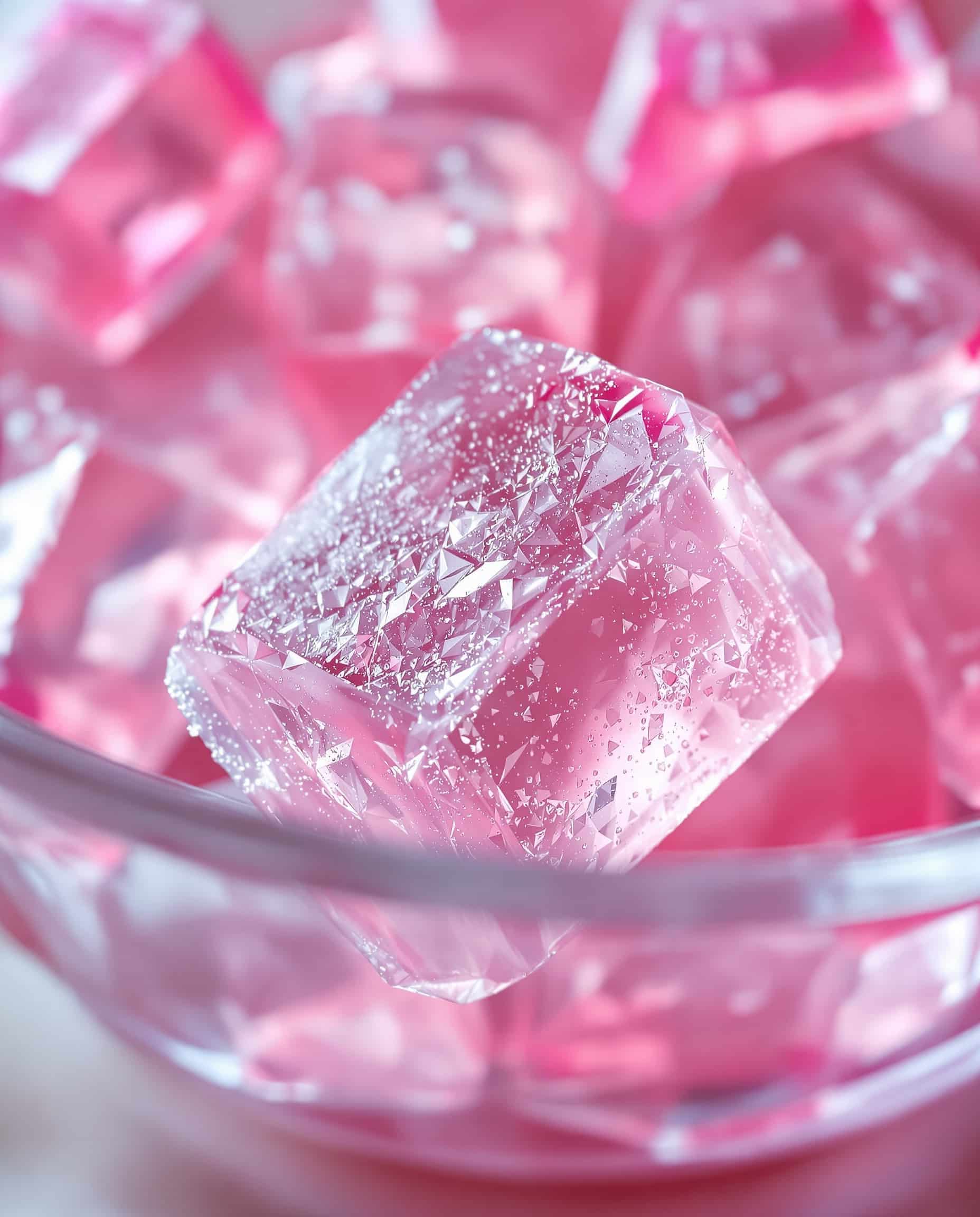 Close-up of rose transparent jiggly bariatric gelatin trick cubes.