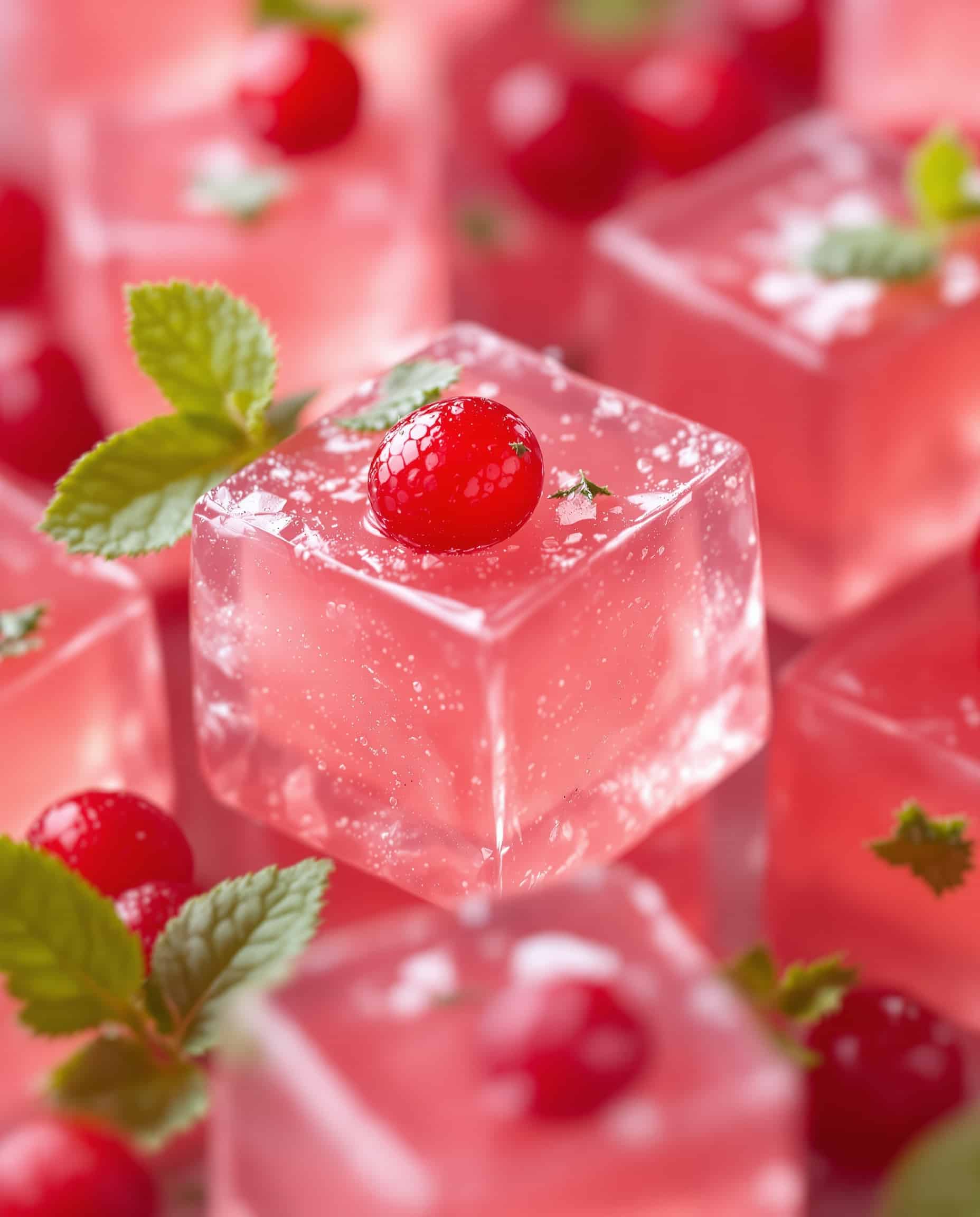 Close-up of cranberry rosé bariatric gelatin cubes