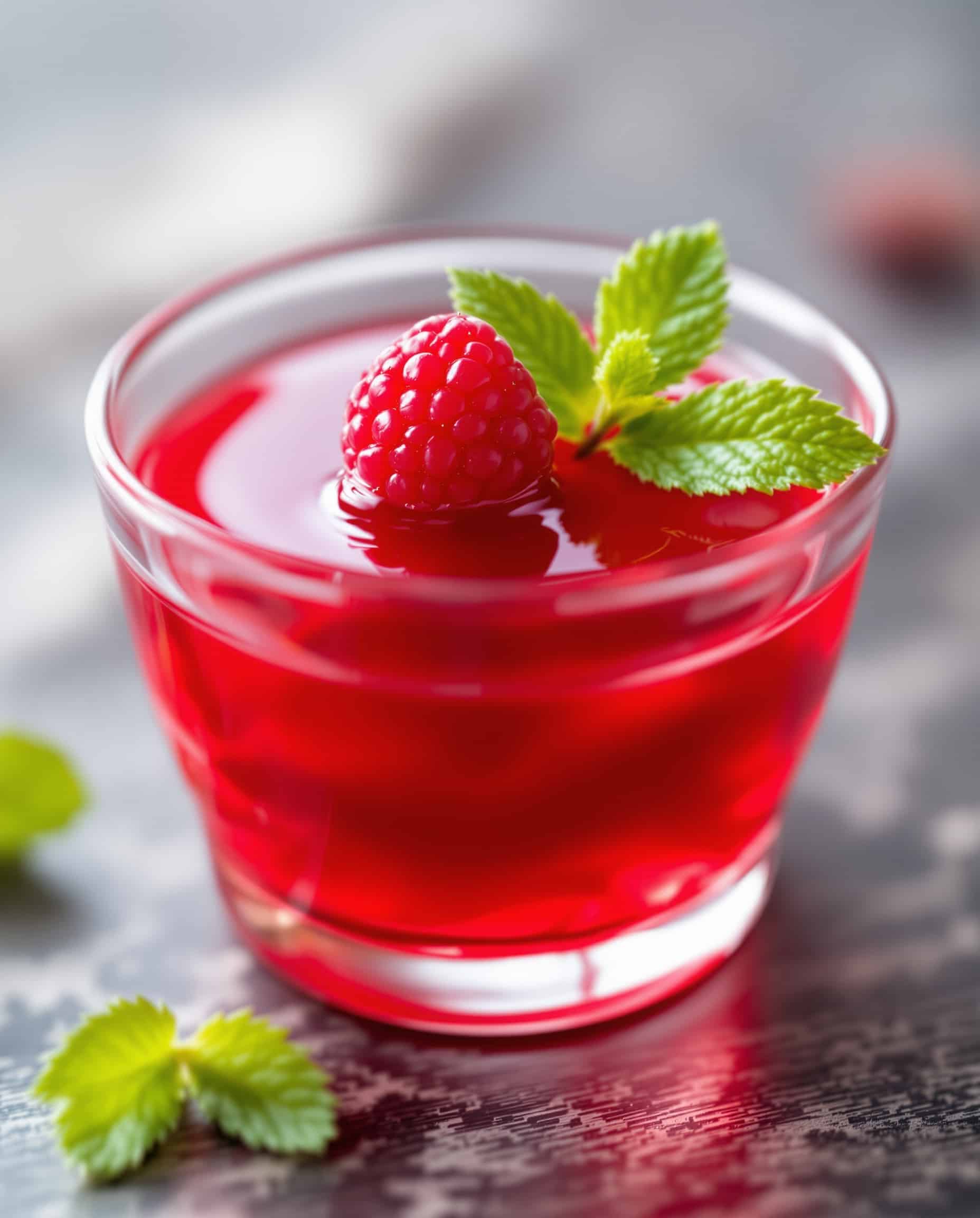 Close-up of bariatric high protein gelatin with raspberry.