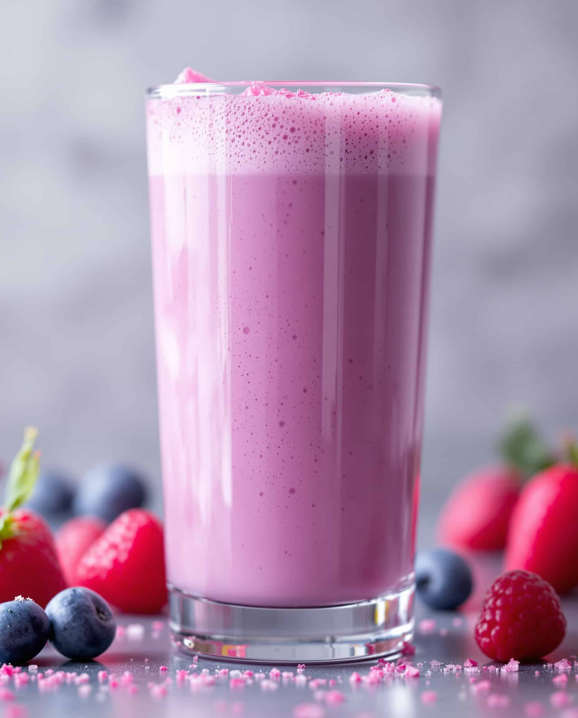 Close-up of violet-blanc bariatric jello protein shake.