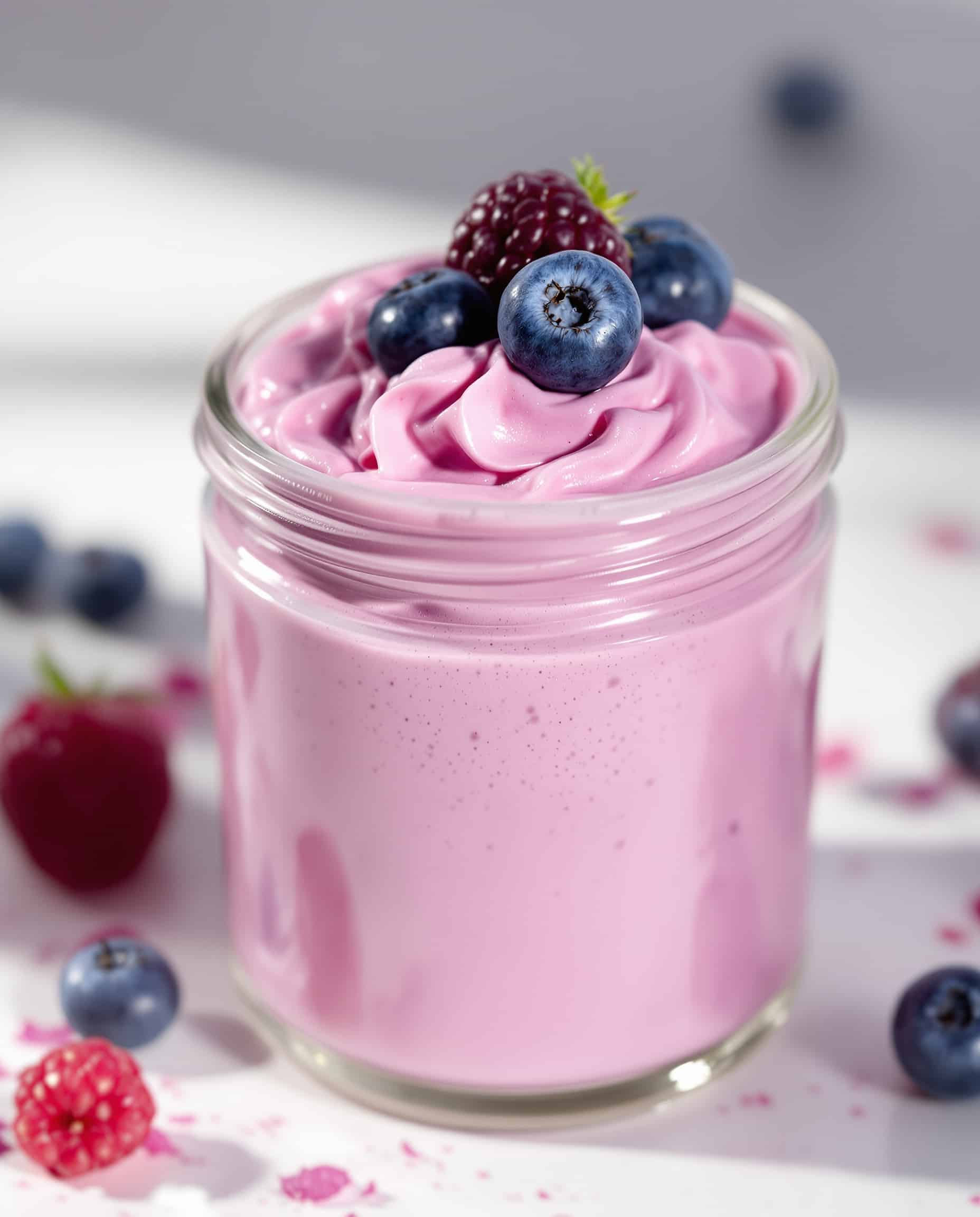 Close-up of a single jiggly violet-blanc bariatric protein gelatin cup.