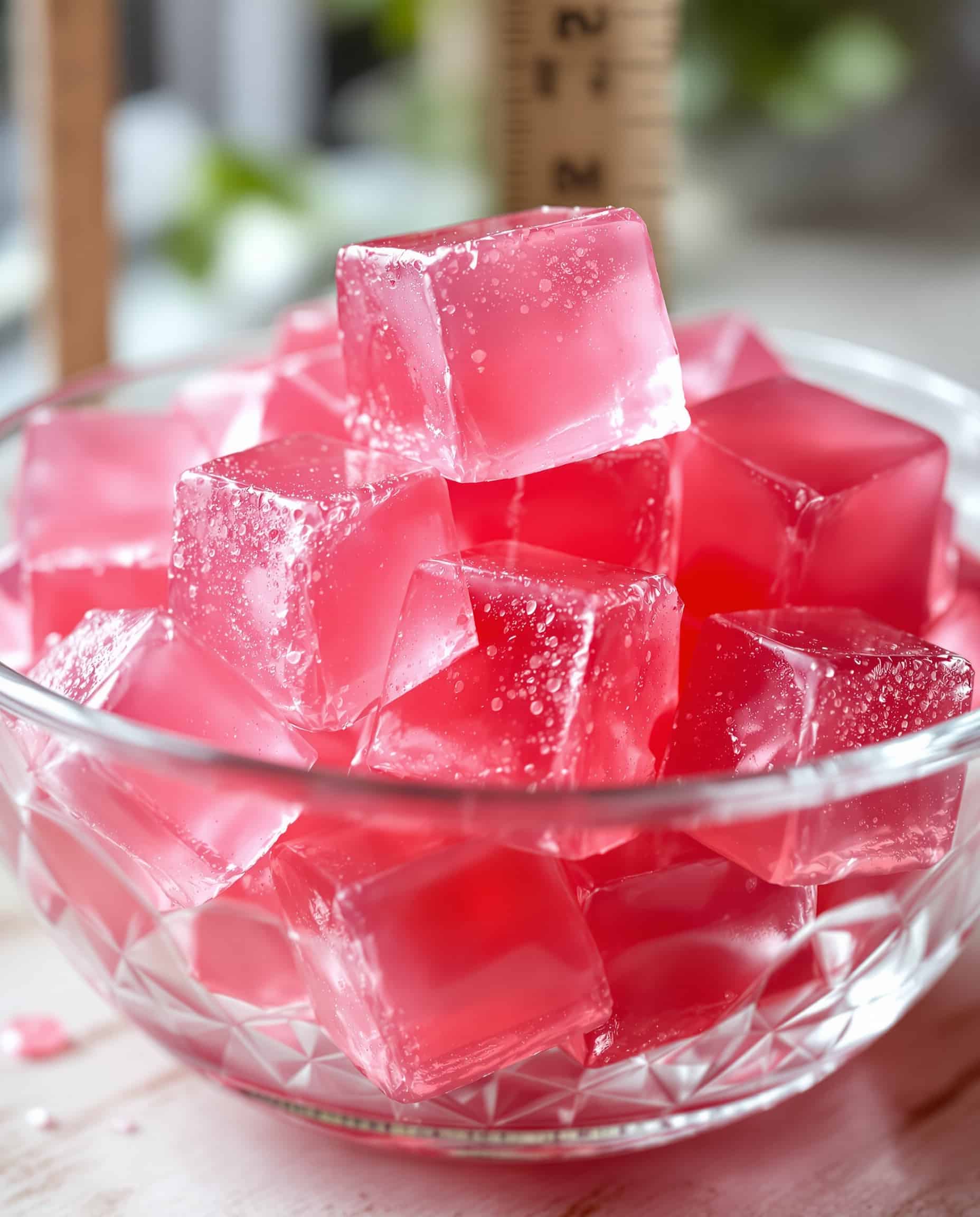 Close-up of rose transparent jiggly gelatin cubes for weight loss.