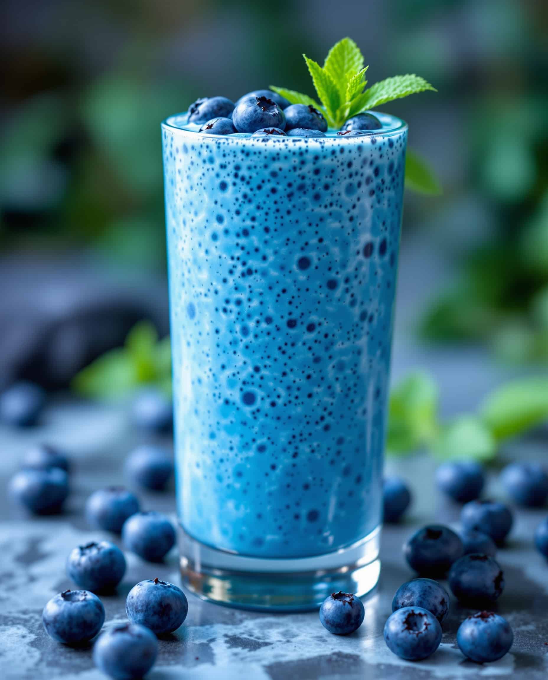 Close-up of blue salt trick protein drink with berries and mint.