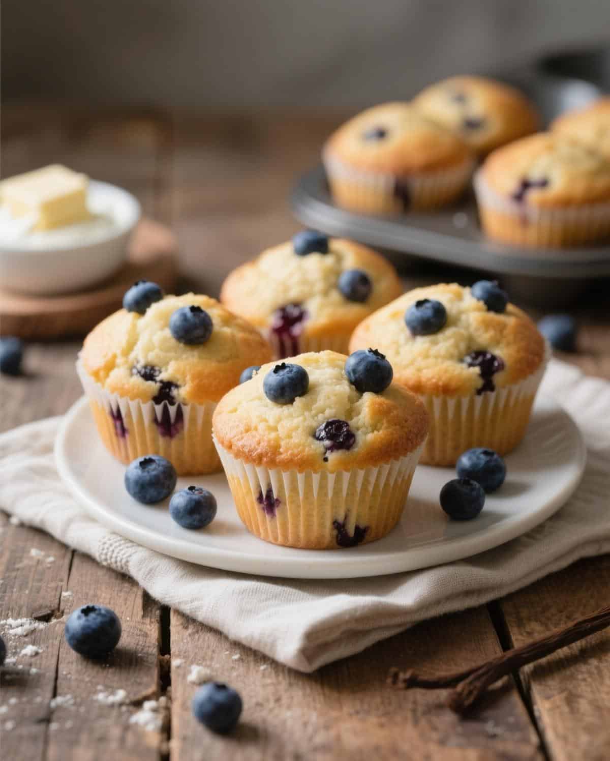 Freshly baked blueberry sour cream muffins fresh from the oven