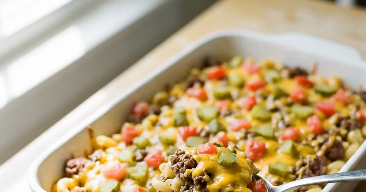 Cheeseburger Casserole with Pickles and Cheddar