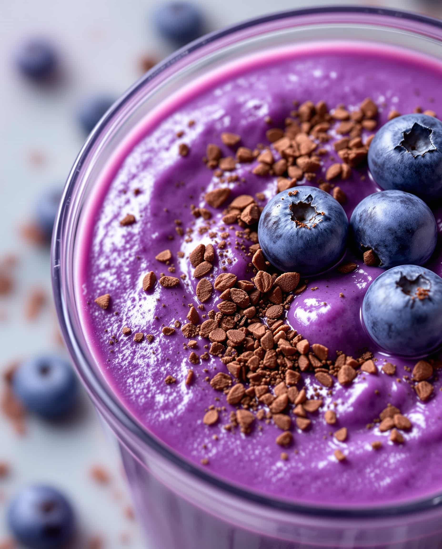 Close-up of creamy deep violet cortisol-lowering smoothie.