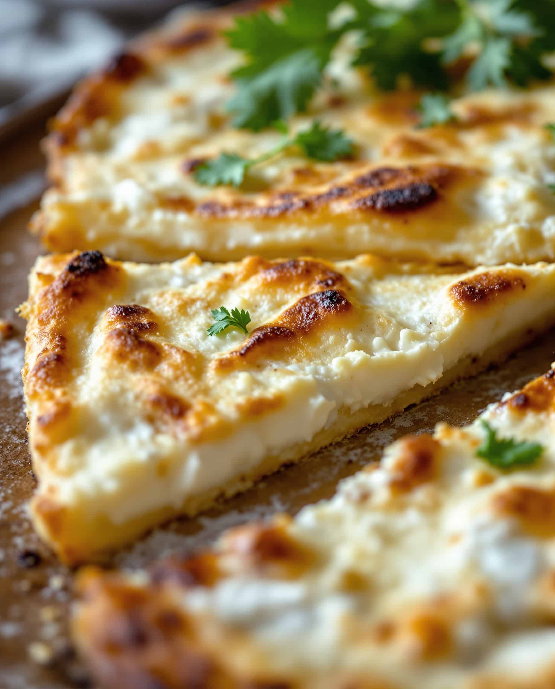 Close-up of doré cottage cheese flatbread with crispy edges on a rustic plate.