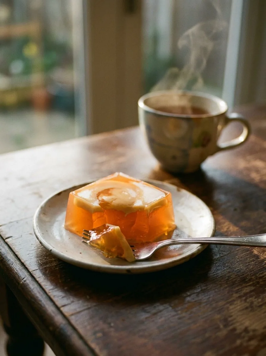 A fork taking a bite from a creamy orange gelatin square on a dessert plate