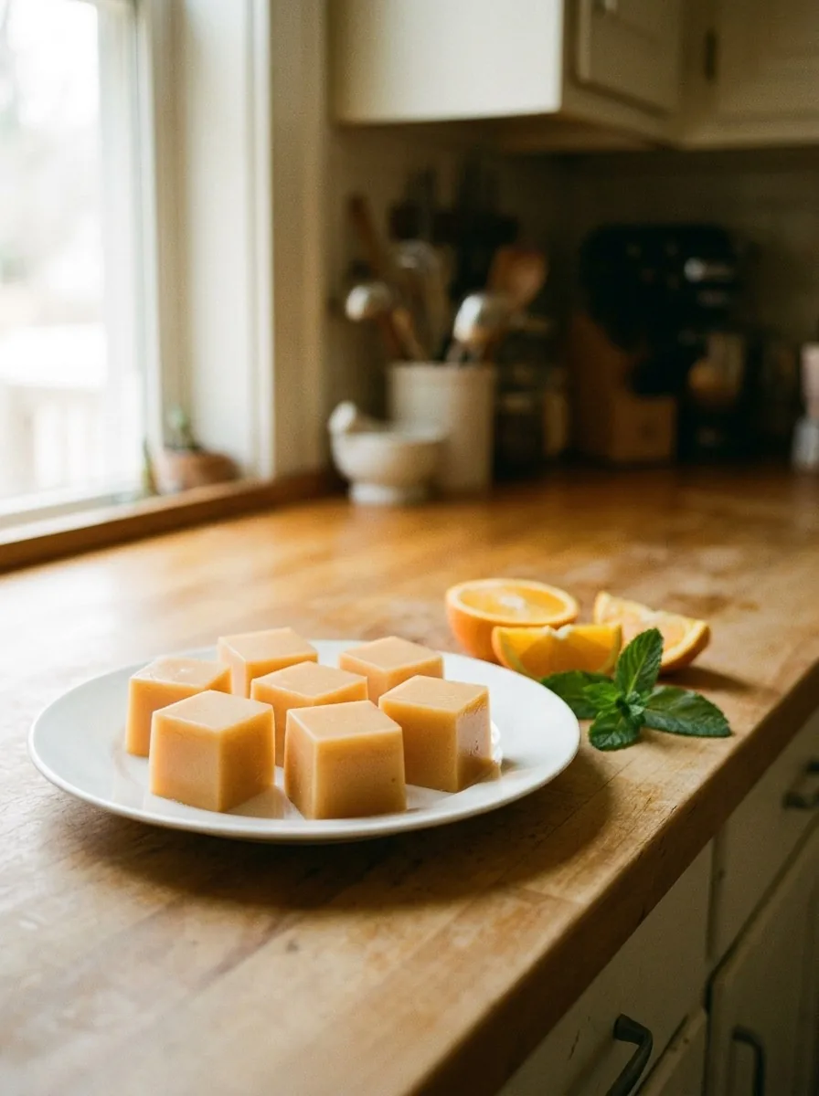 Squares of creamy pale orange gelatin on a white plate with orange wedges and mint leaves