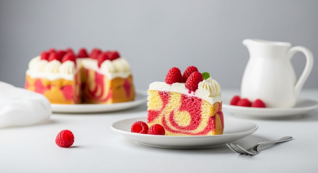 Gelatin Powder In Desserts raspberry swirl cake slice on plate with raspberries and a pitcher in the background
