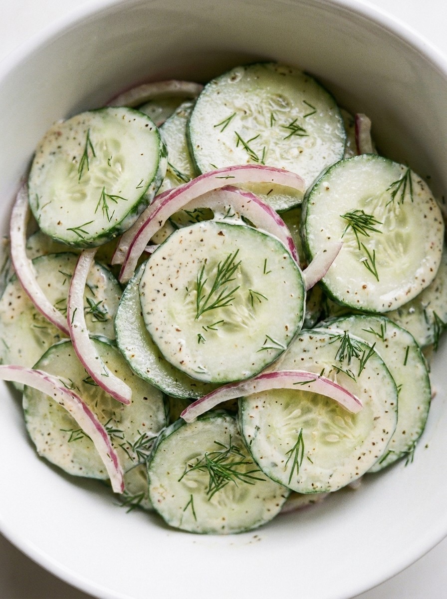 Creamy Cucumber Salad with Dill and Red Onion