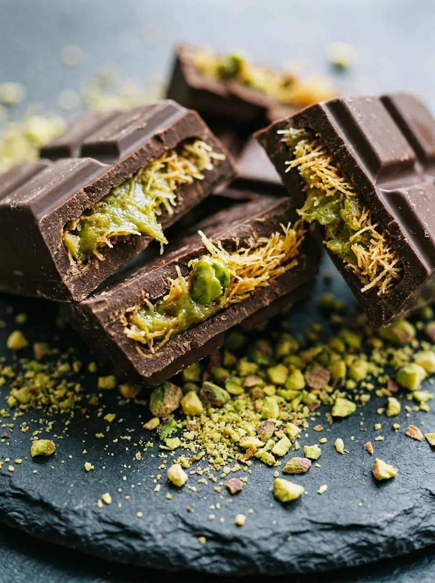 Dubai chocolate bars broken open to show the green pistachio and kadayif filling inside dark chocolate