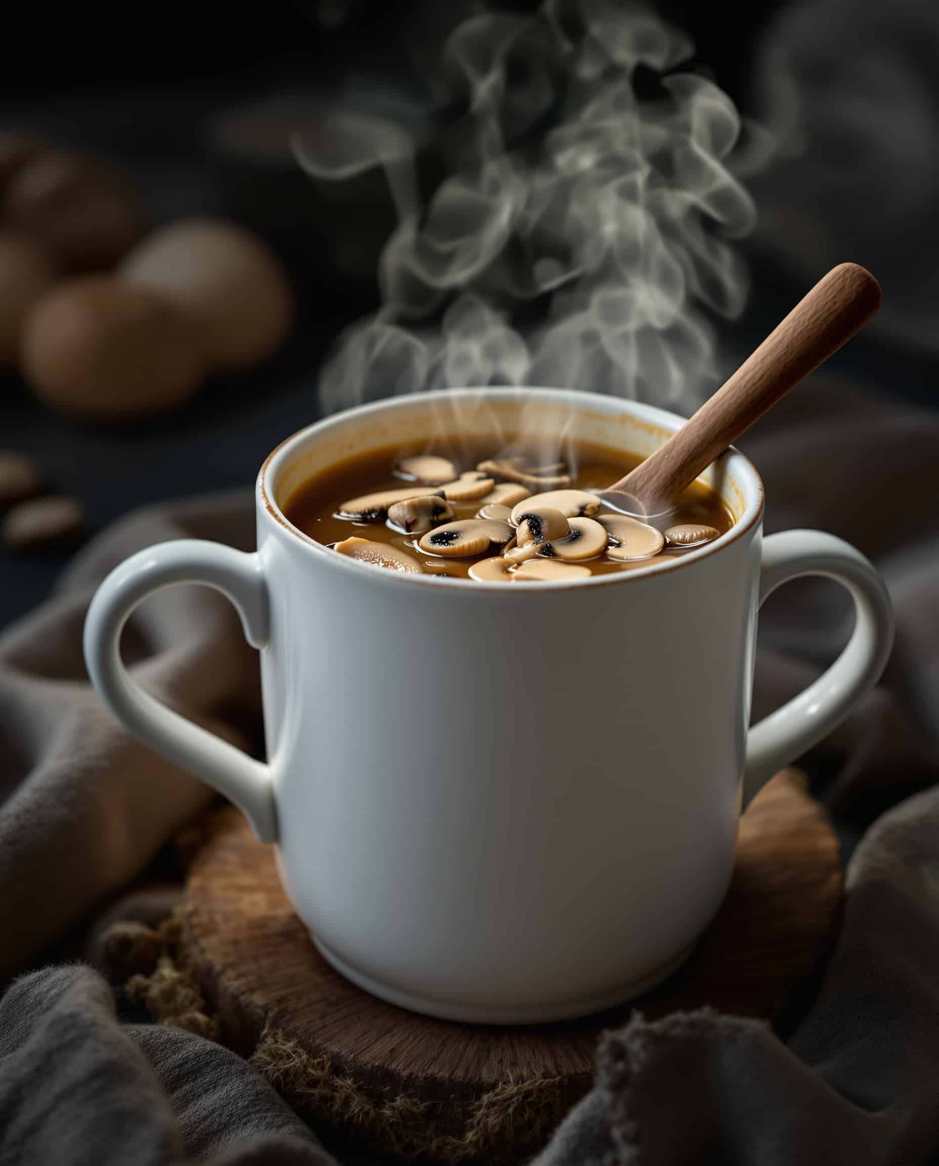 Close-up of functional mushroom broth for weight loss.