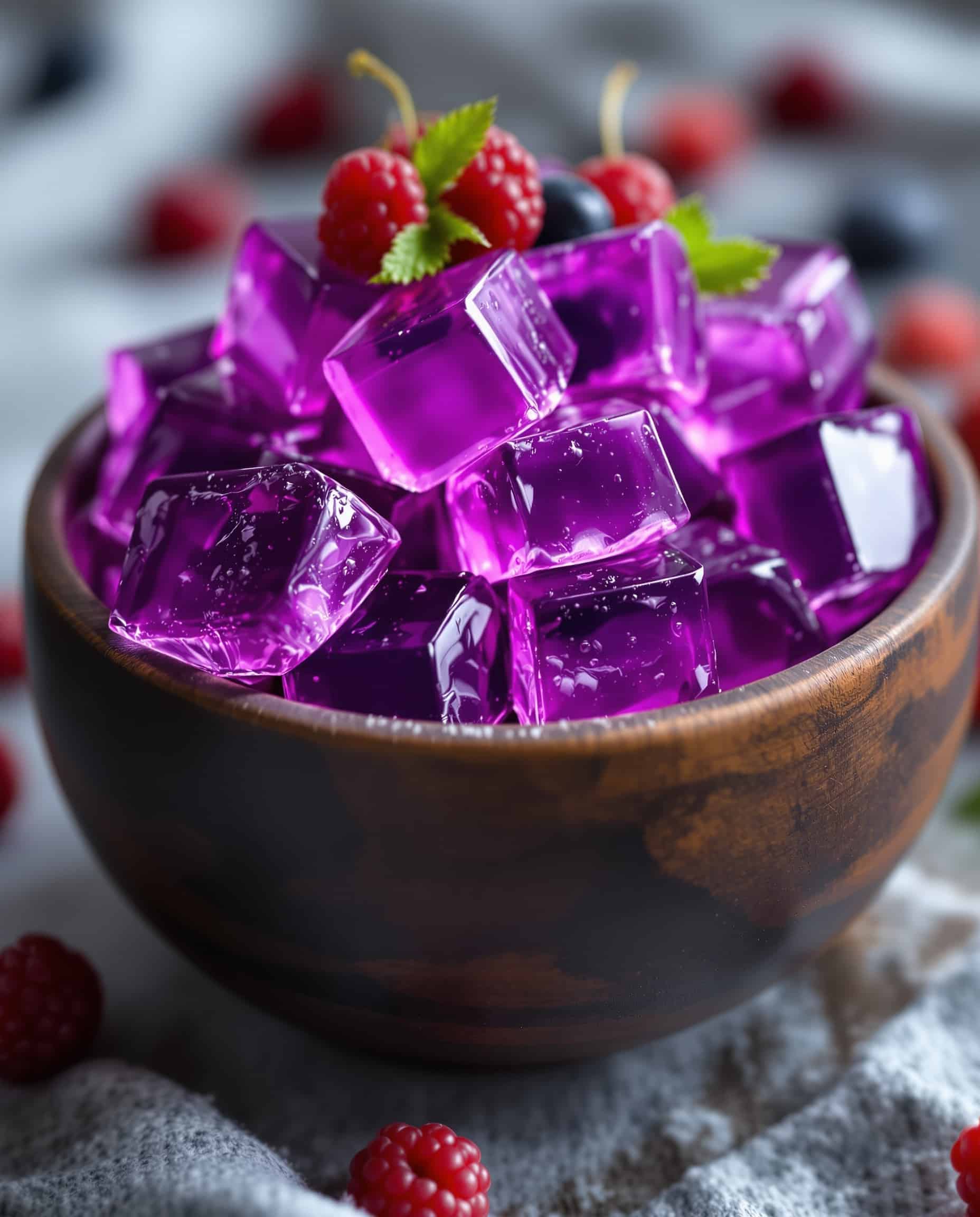 Close-up of jiggly cubes mûre violette Gelatide Drops.