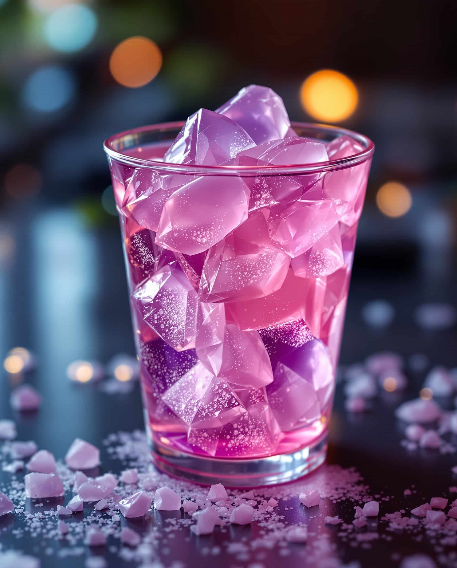 Close-up of jiggly violet-rose gelatin in a clear cup, weight loss recipe.