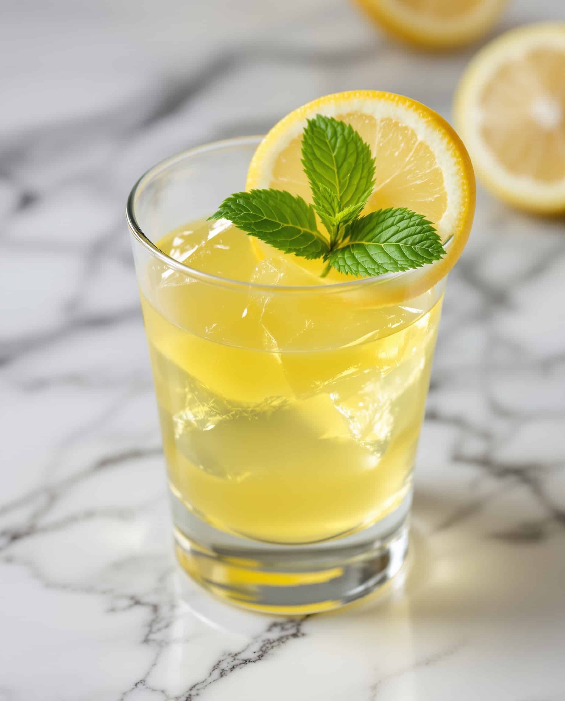 Close-up of gelatin bloating remedy with lemon