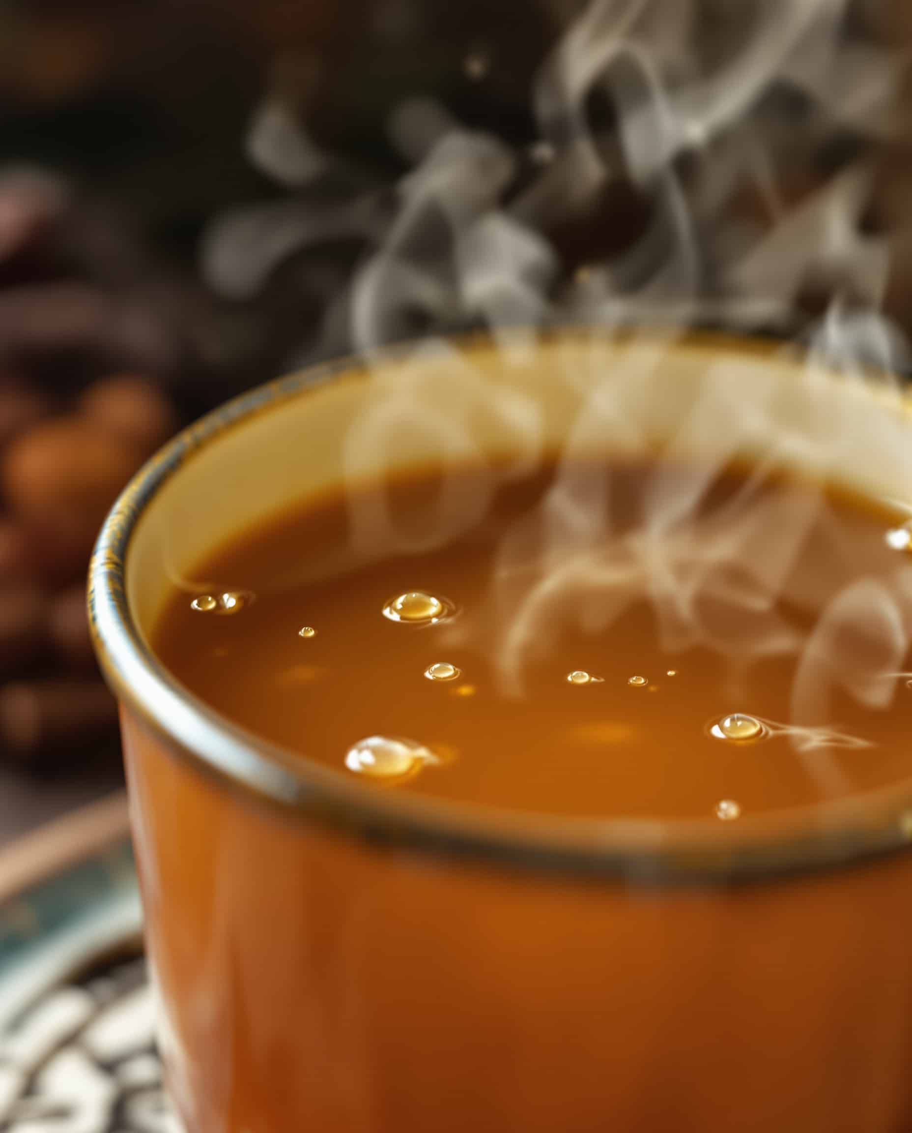 Close-up of ambre-doré gelatin bone broth, showing its rich color and steam.