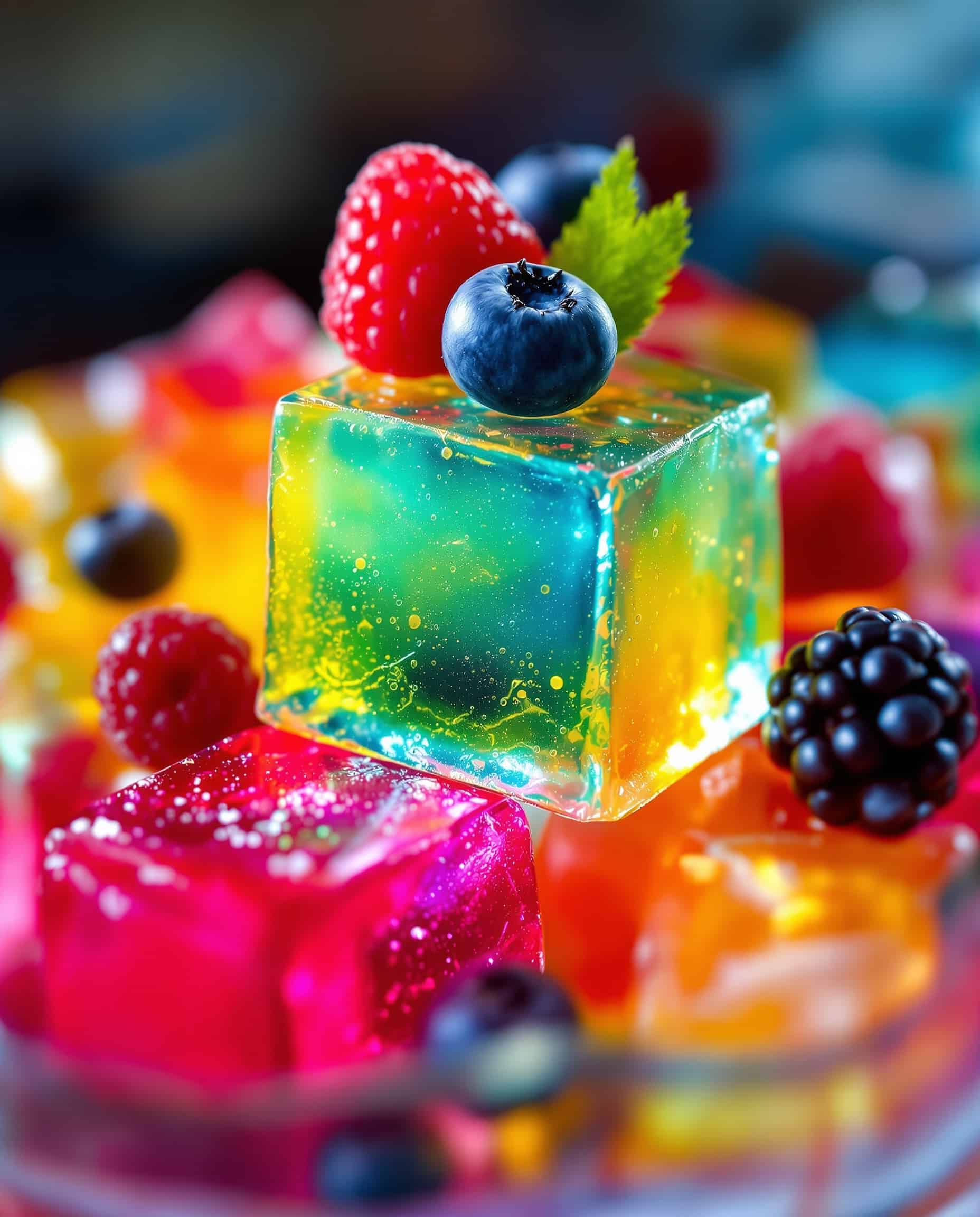Close-up of jiggly multicolore gelatin cubes with berry garnish for weight loss.