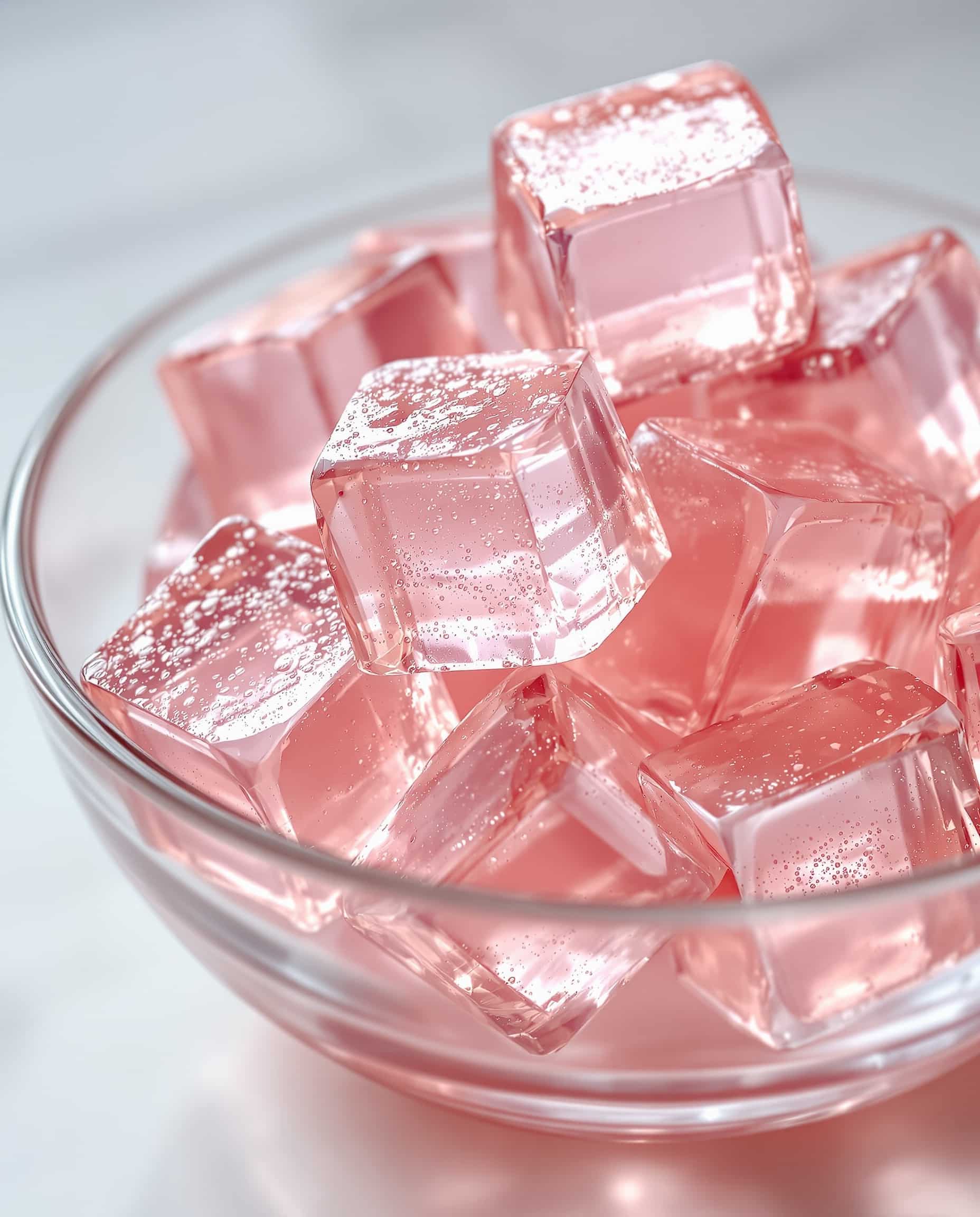 Close-up of jiggly rose-transparent gelatin cubes, emphasizing the gelatin hunger control recipe.