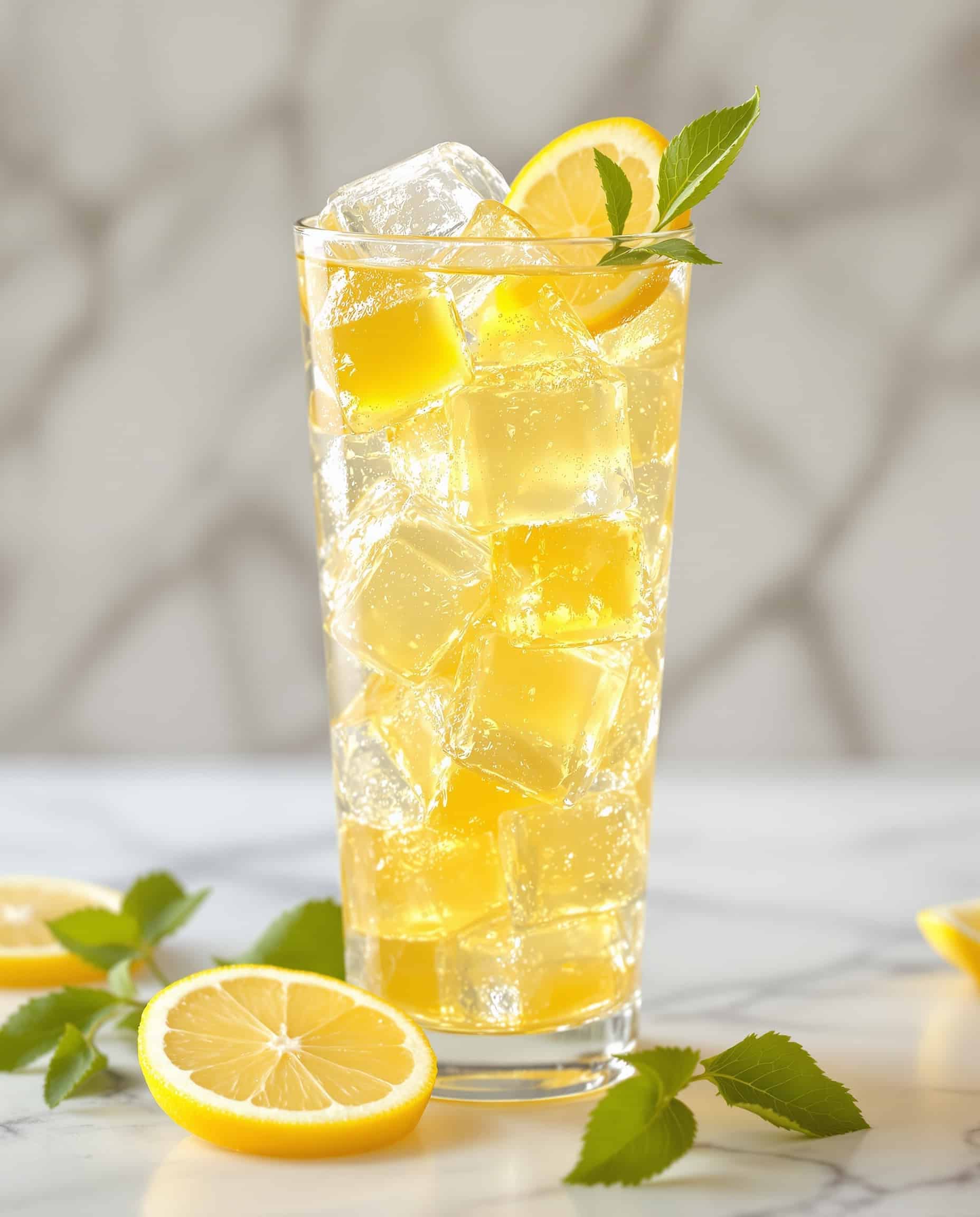 Close-up of jiggly jaune-transparent gelatin lemon water cubes with ice and lemon.