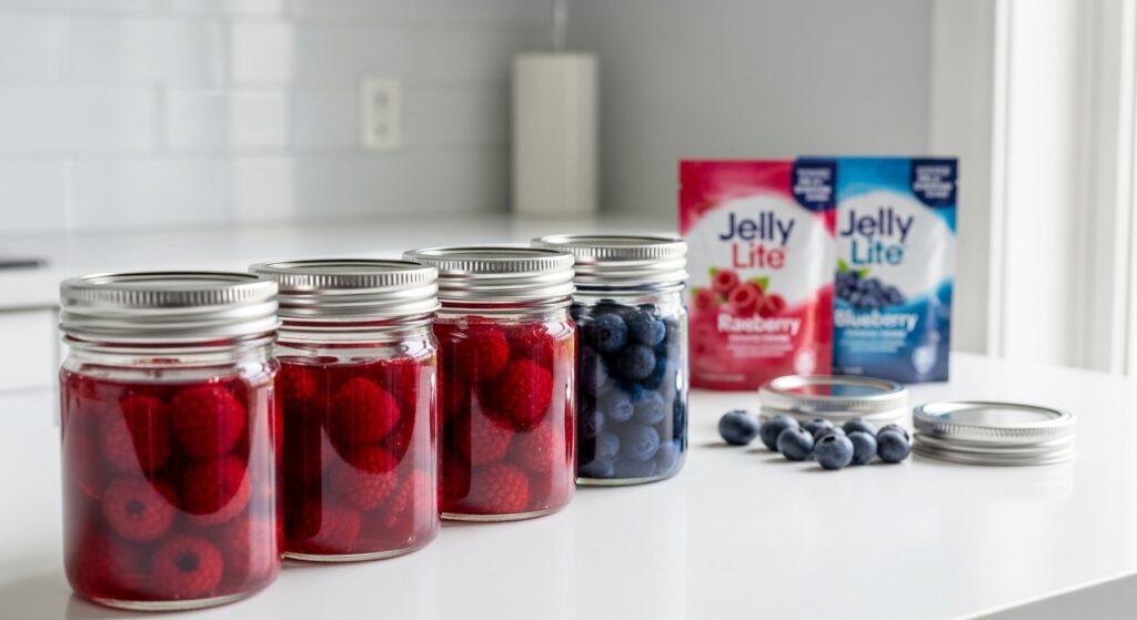 Gelatin Recipe For Weight Loss Reddit featuring low calorie gelatin jars with raspberries and blueberries prepared for healthy dieting