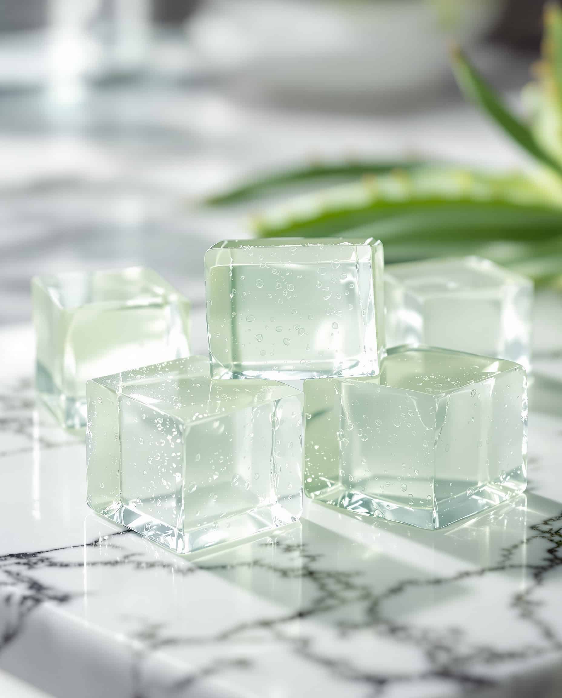 Close-up of jiggly vert-transparent aloe vera gelatin cubes.