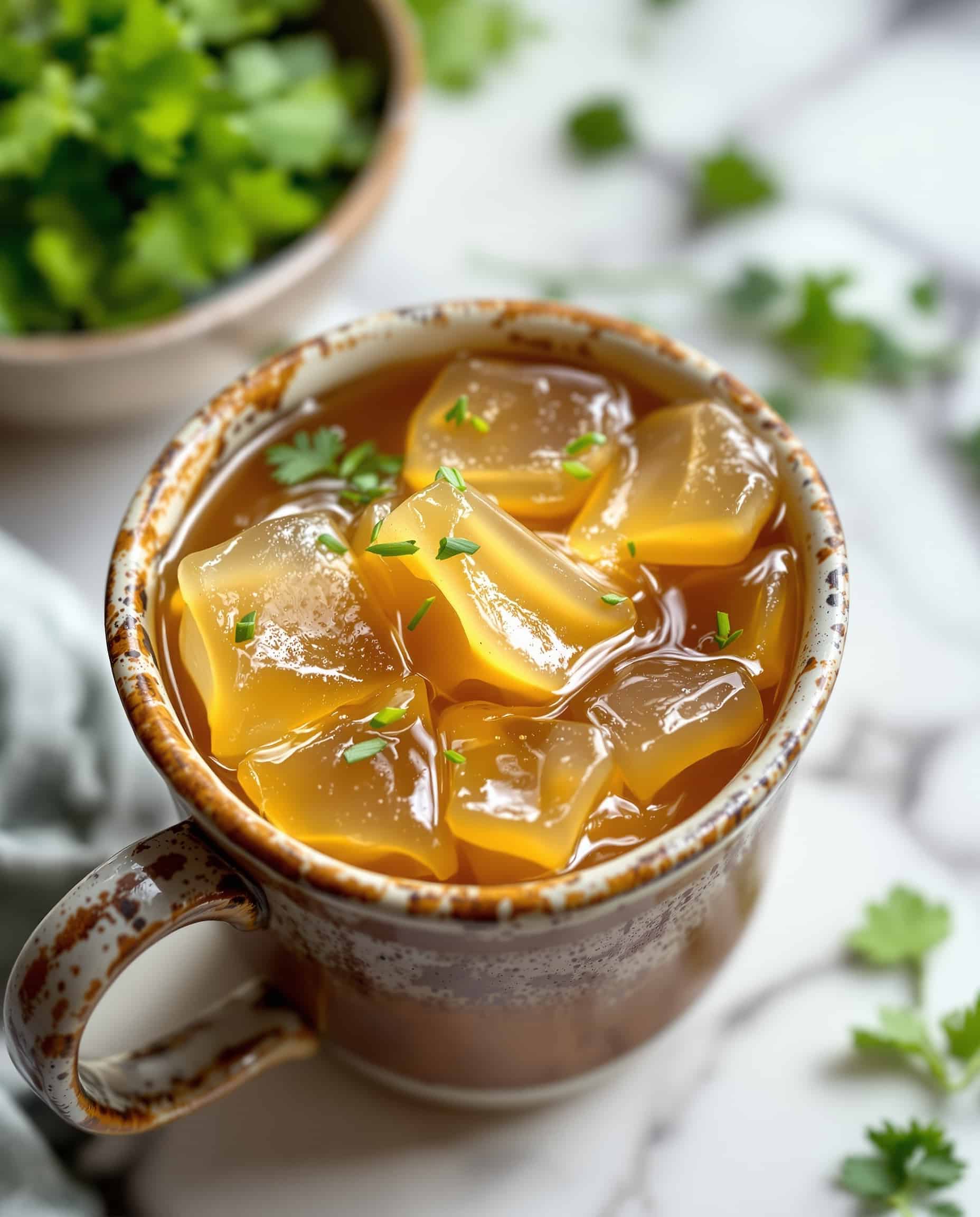Close-up of jiggly ambre-doré bone broth gelatin with herbs.