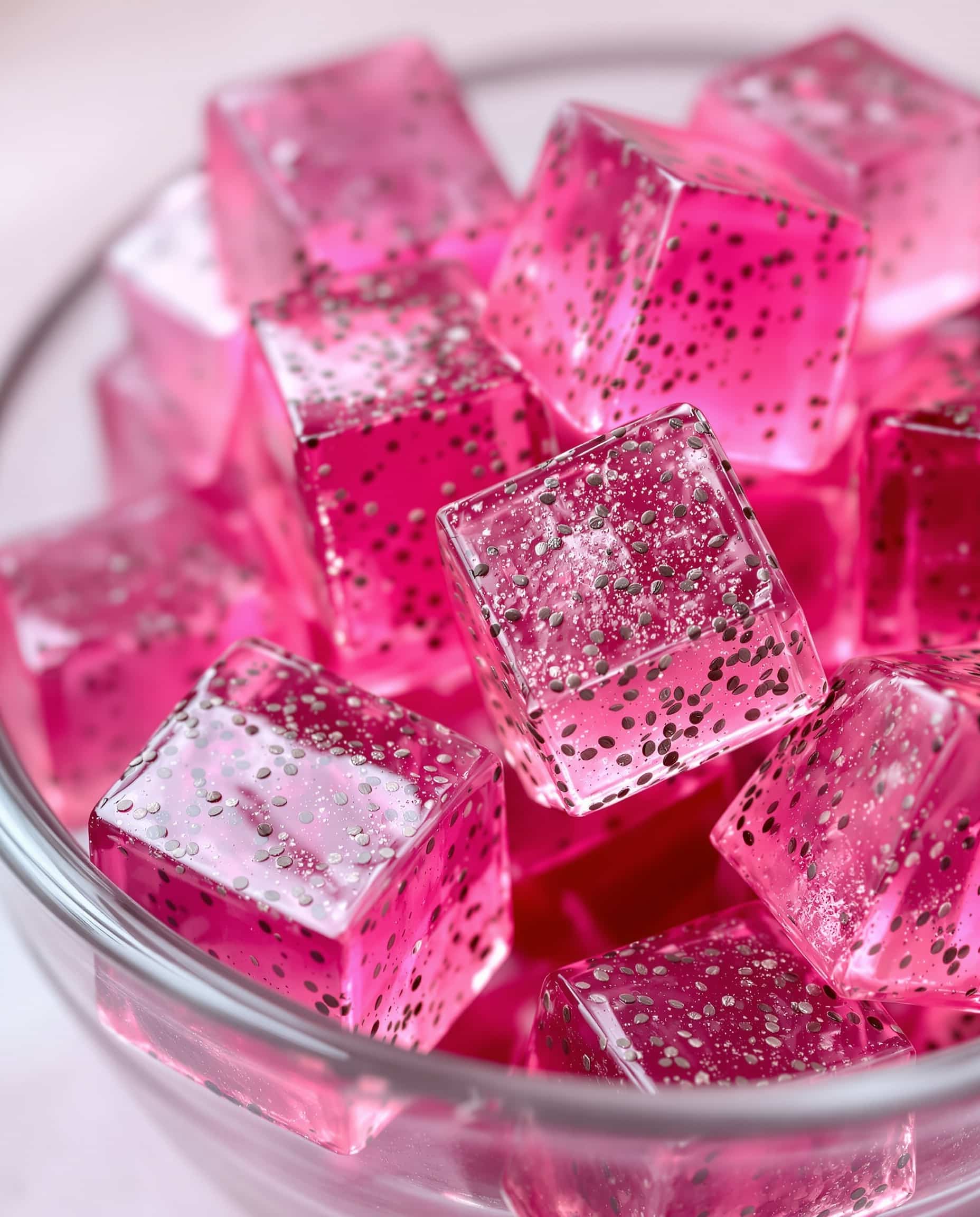 Close-up of jiggly rose-vert gelatin trick with chia seeds.