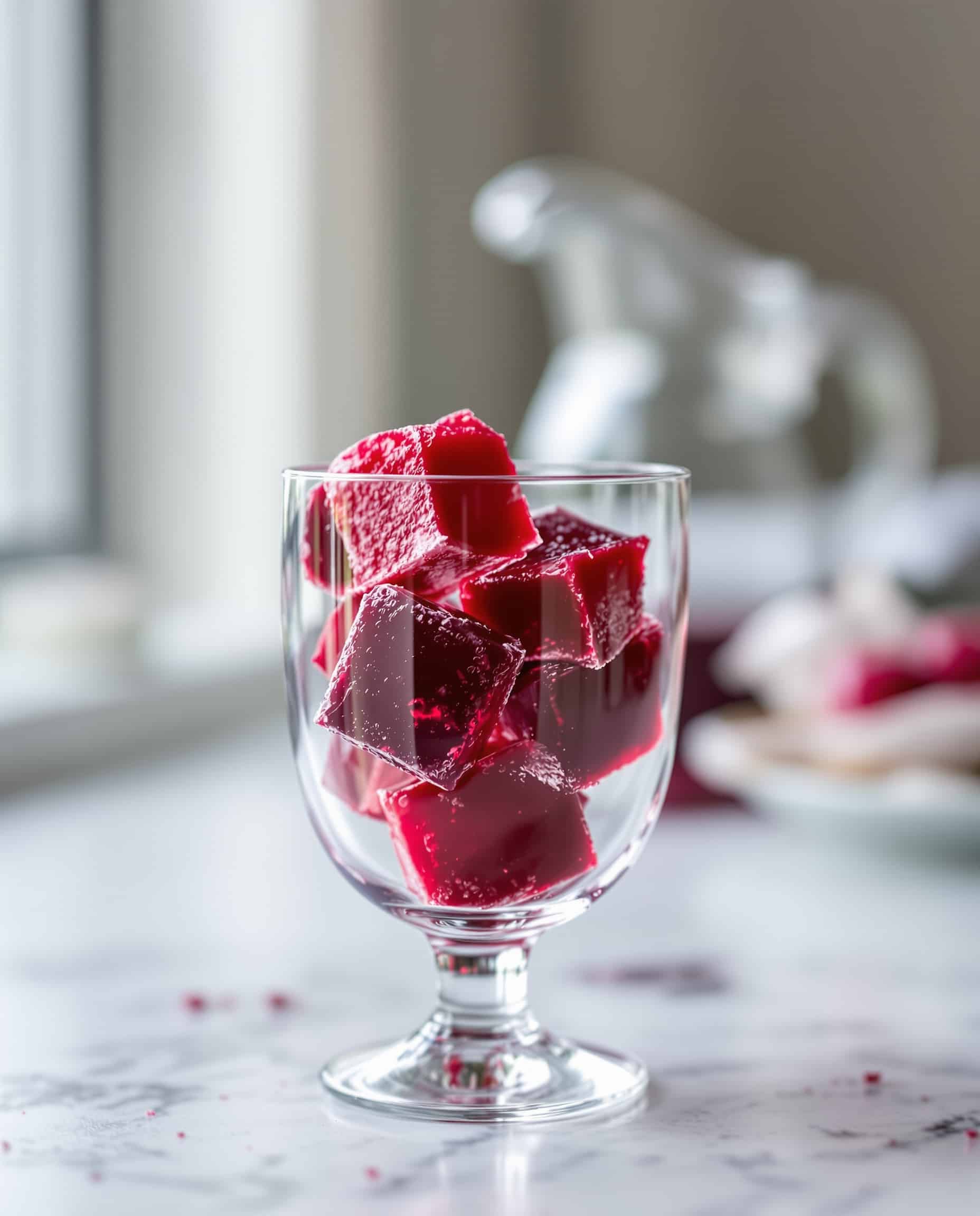Close-up of jiggly, deep red gelatin cubes from the cranberry juice trick.