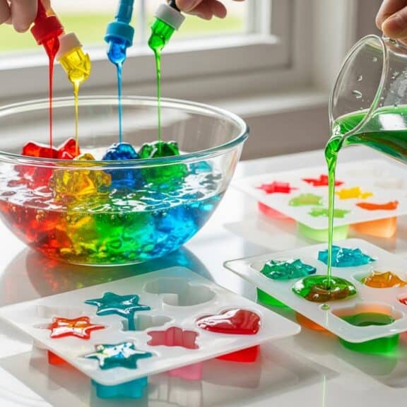 Colorful liquid gelatin poured into silicone molds to form decorative jelly shapes.