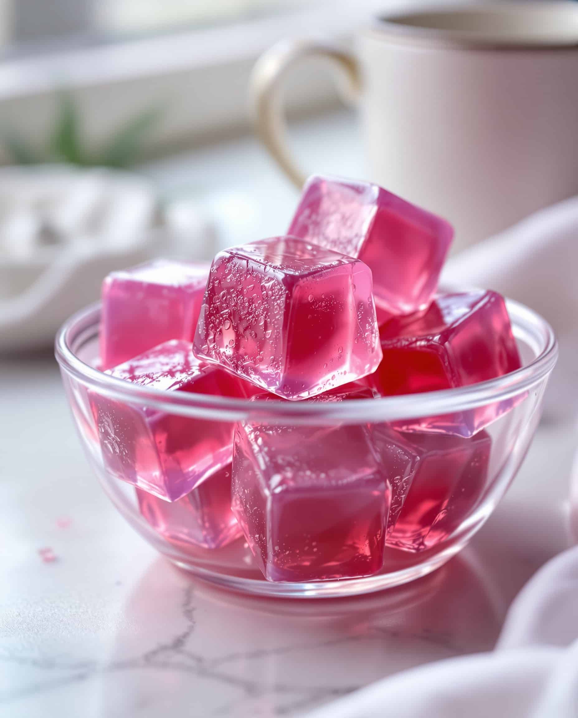 Close-up of violet-rose gelatin cubes for menopause recipe.