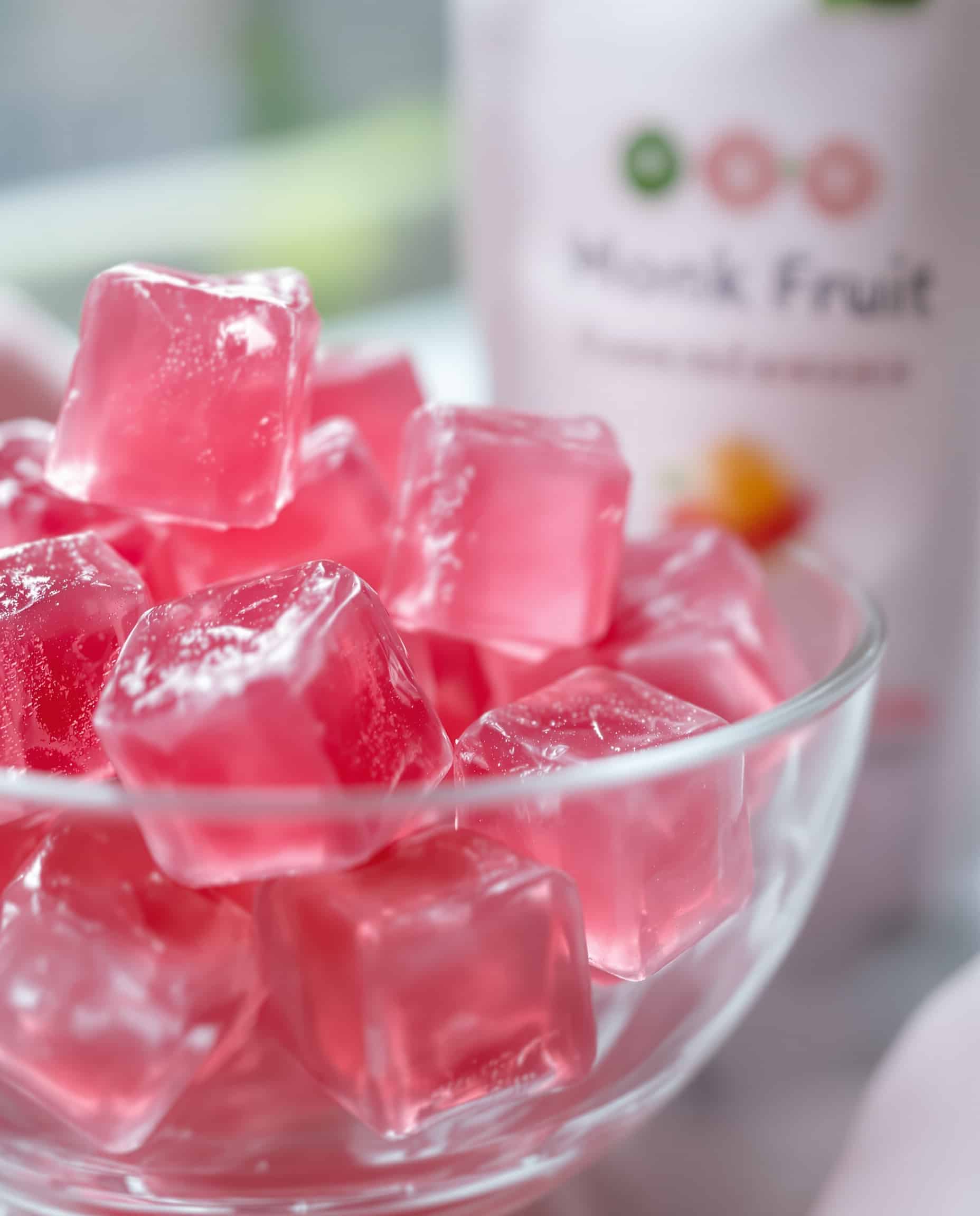 Close-up of rose-transparent monk fruit gelatin cubes for weight loss.