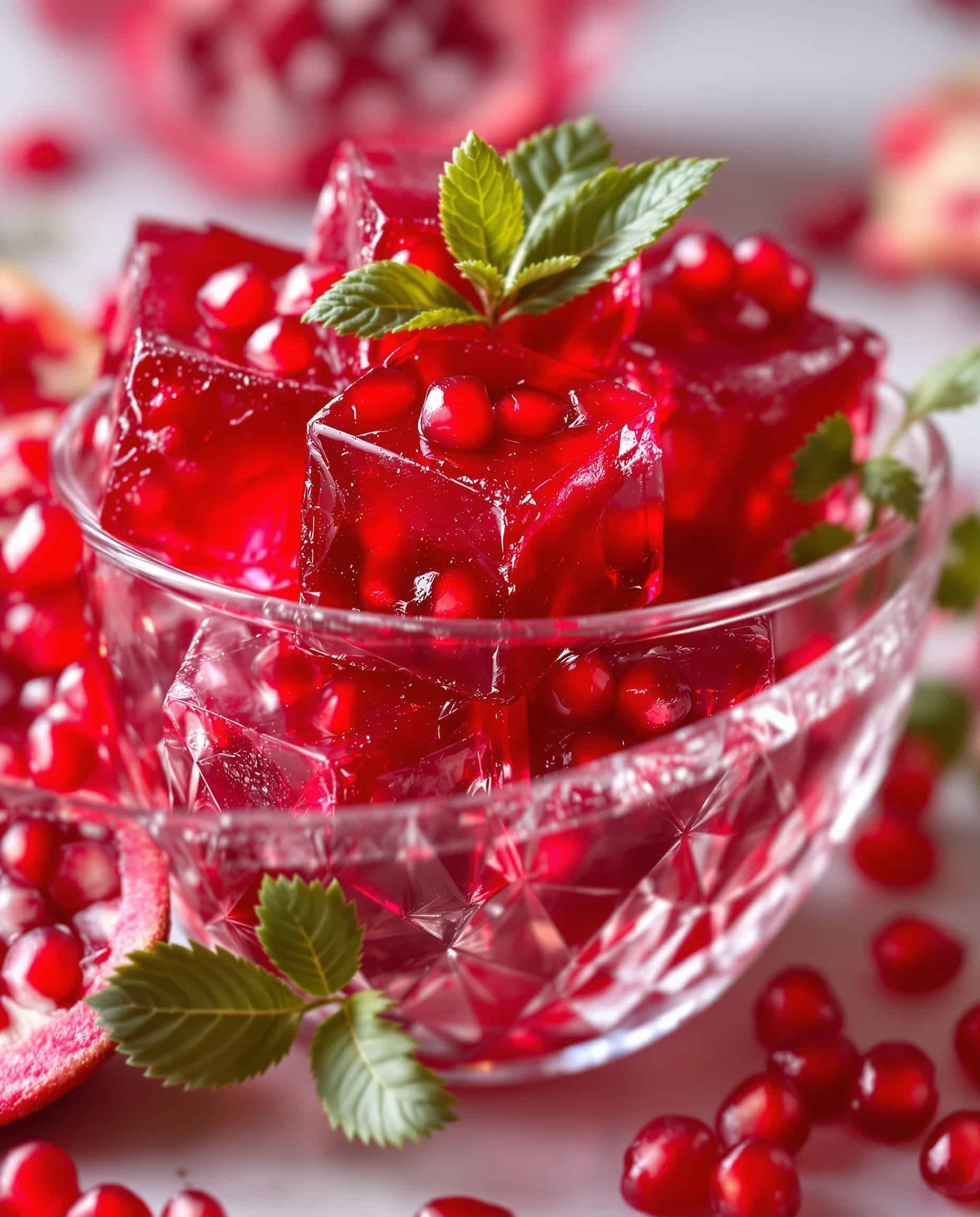 Close-up of deep red pomegranate glass gelatin cubes
