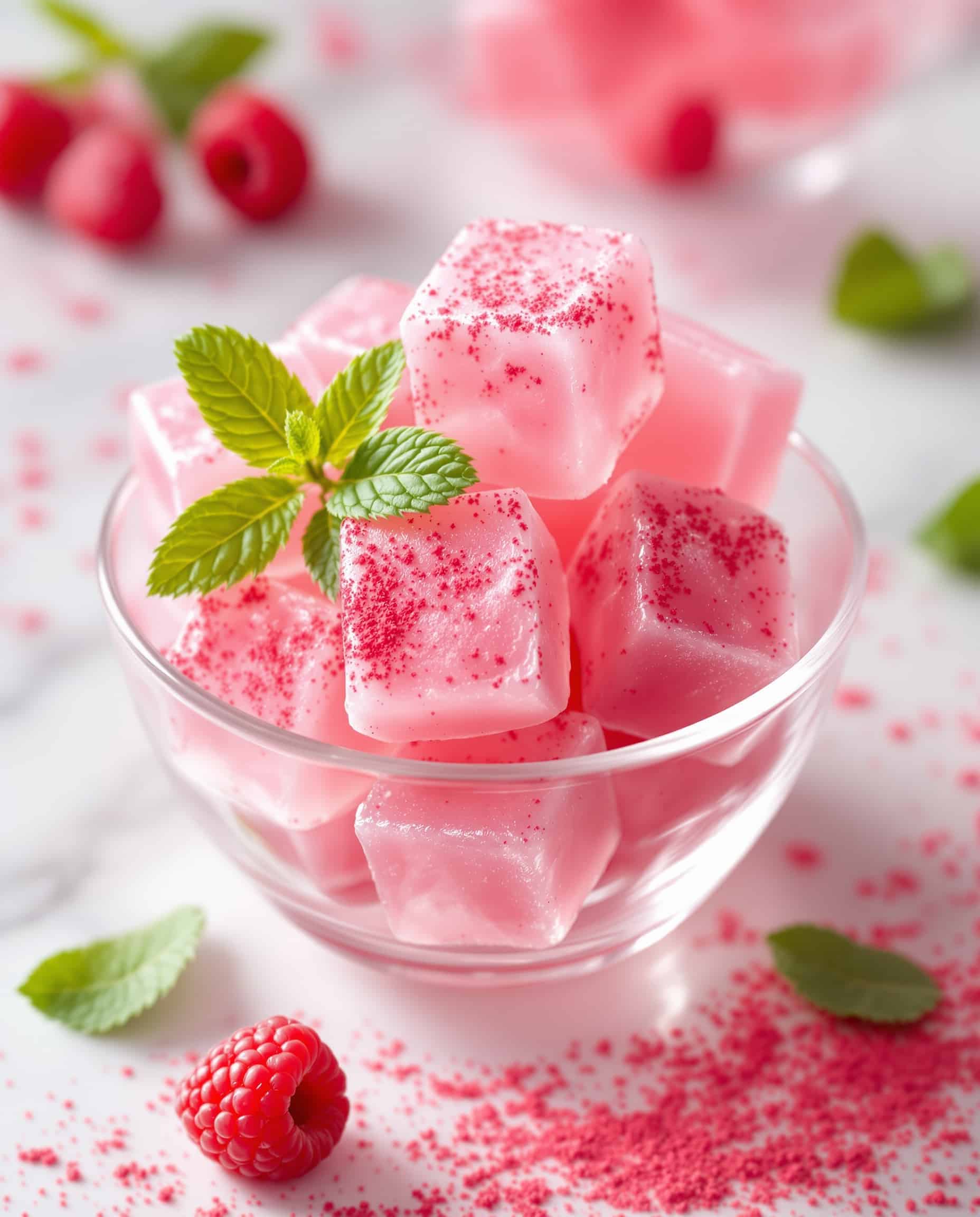 Close-up of rose transparent jiggly cubes, a gelatin trick ACV weight loss snack.