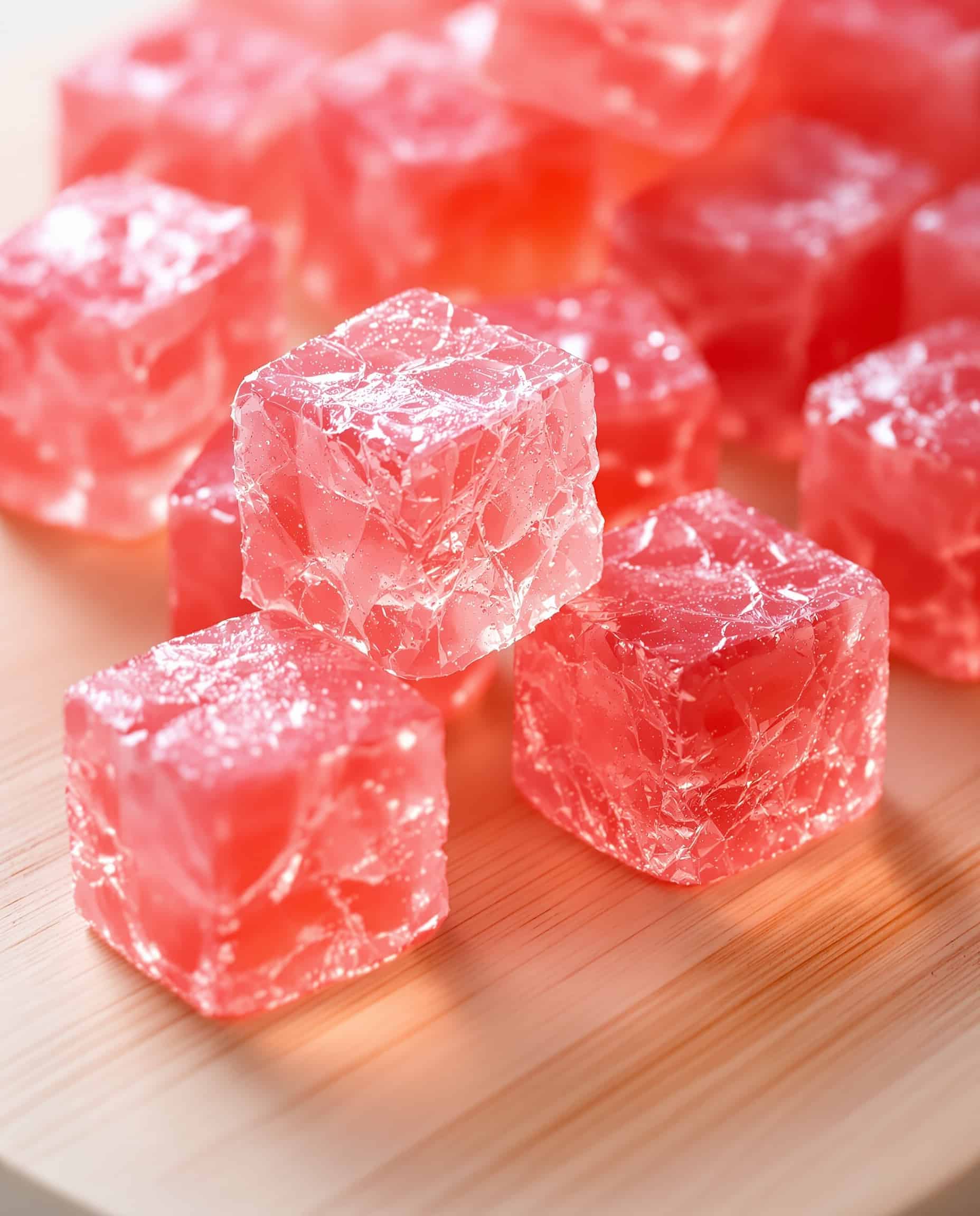 Close-up of vibrant rose-transparent jiggly cubes from the gelatin trick TikTok recipe.