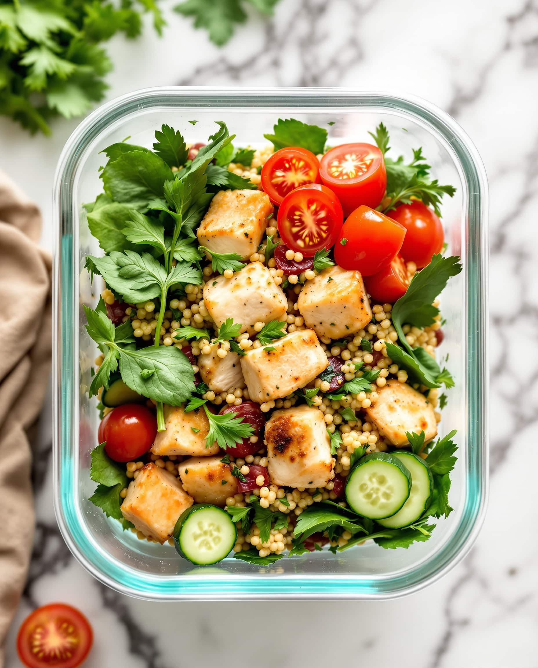 Close-up of GLP1 meal prep high protein chicken in a glass container.