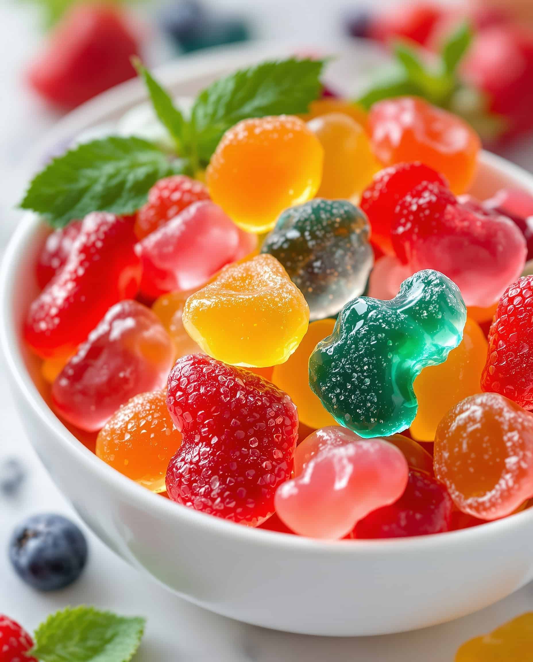Close-up of vibrant multicolore fruit-shaped gut healing gelatin gummies.